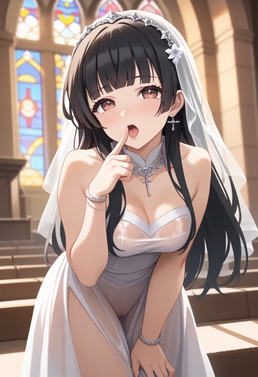 score_9,score_8_up,score_7_up,source_anime,cowboy shot,Idealized Forms,Natural Light,details background,blurry background,extremely detailed,1girl,(aga),nagato(azurlane),animal ears,fox ears,black_hair,long_hair,bangs,animal_ear_fluff,yellow_eyes,blunt_bangs,hair_ornament,small breasts,(petite),((Wedding dress)),intricate pattern,see-through underwear,