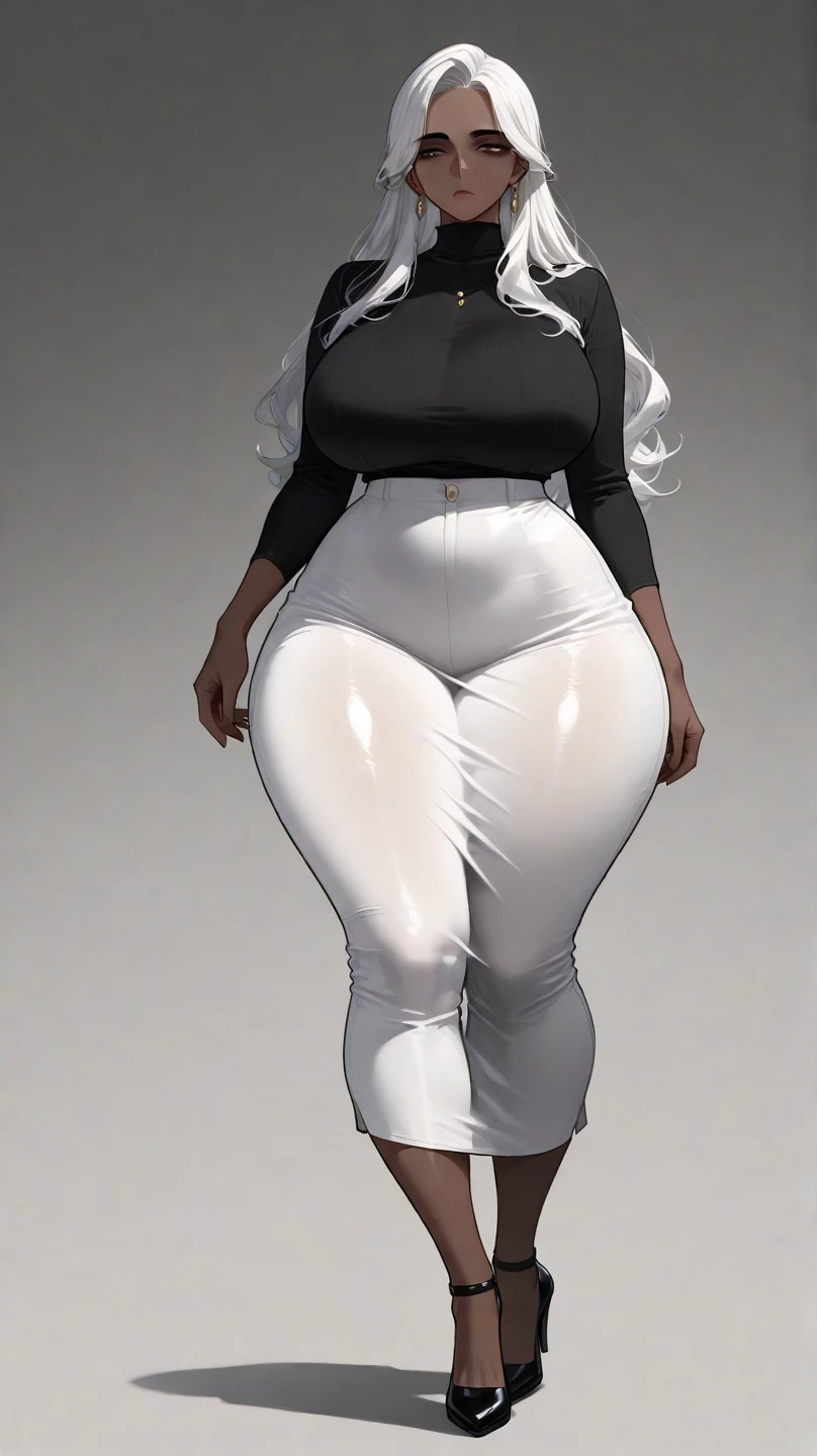 sweatshirt, yoga pants, streetwear, uma menina, pequena, chubby, large hips, brown skin, large body, long blond hair, corpo todo, standing on her feet, studio background, childish appearance, maquiagem, mascara, Lips are soft or colored, fundo preto simples, minimalismo, monotone, paletas de cores simples, limpo, Crisp drawings, silhuetas fluidas,, camisas curta, Asymmetric, geometric, Materiais e designs elegantes e luxuosos, Simple and minimalist accessories, Necklaces and thin rings in silver or gold, Pulseiras simples, Designs diferentes, silhuetas simples, estilo simples e sofisticado, elegence, minimalismo, materiais de alta qualidade, Fresh and urban printing, alta moda, Simplicity and sophistication, youthful appearance
