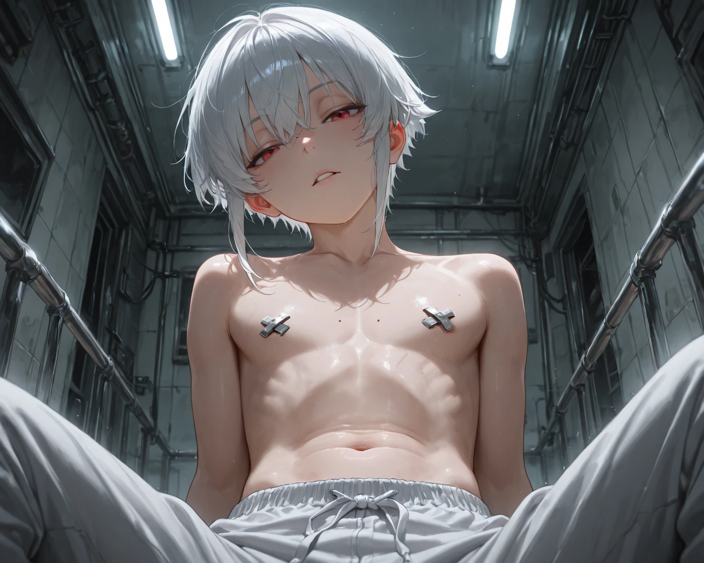 1boy, zoom out, full body, male focus, highschool boy, beautiful boy, short white hair, small red droopy eyes, he has fair skin, he is naked, he is slender, slender body, he is smiling, he is wearing a turtle neck pullover, he is not wearing pants, he is pulling his pullover up revealing his chest, he is spreading legs, erotic, absurdres, masterpiece, cinematic, detailed