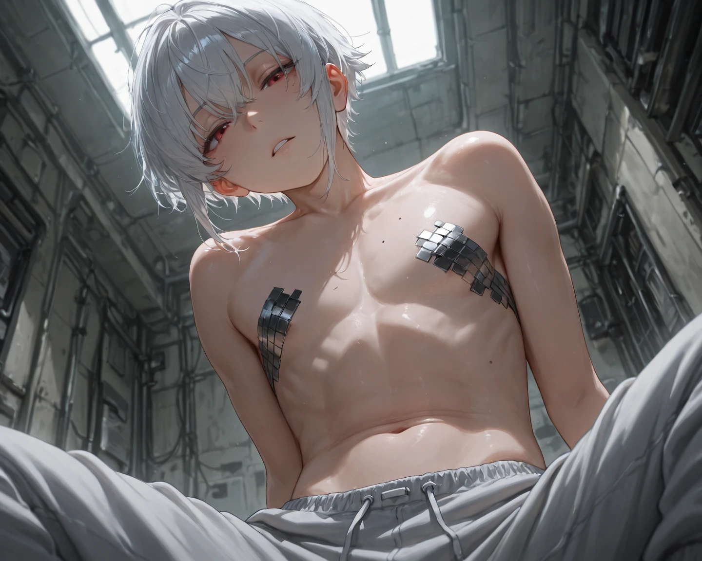 highest quality:1.1)、(masterpiece:1.2)、(solo)、(Close-up)、、(Silver Hair)、(Green Eyes)、Watching the viewer、young、((Cat ear))、White Short Hair、(((Lori)))、(Flat Chest)、low length、((nakedワイシャツ)),Navel sticking out、(naked)、((Pet Collars))、Expressionless、On the bed,Open Leg