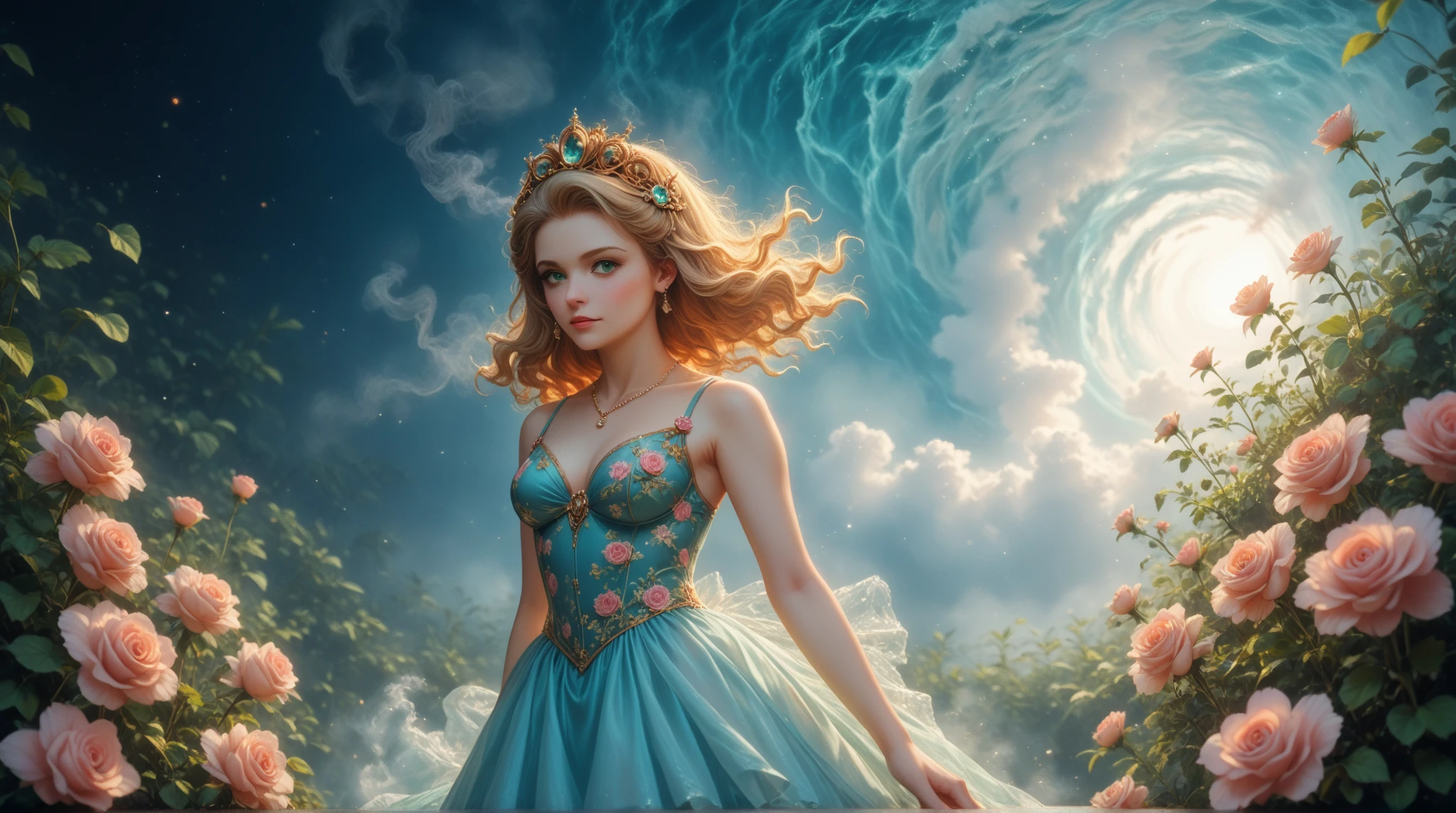 ((best quality)), ((masterpiece)), (detailed)), ((1girl)), beautiful eastern European woman, ethereal, partial smile, enchanting gaze, captivating pose, windy blonde hair, fabulously gorgeous dark blue dress showing off her shoulders , otherworldly charm, mystical sky, (Luis Royo:1.2), sunrise, seaside village, soft colors, (detailed clouds:1.3), (high resolution:1.2)