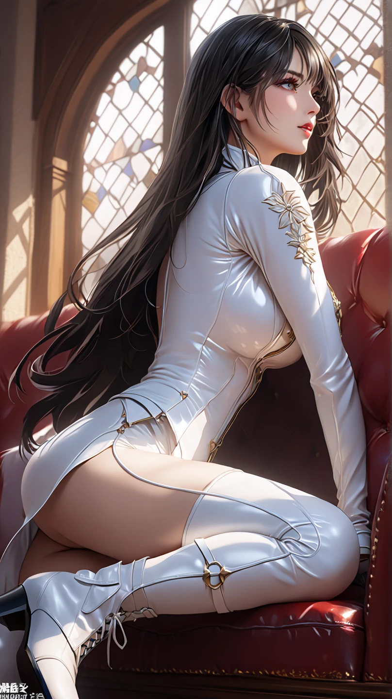 (asura style:0.7),score_9, score_8_up, score_7_up, score_6_up, uncensored, dominique de sade, long hair, black hair, parted bangs, yellow eyes, mature female, tall girl, thick, wide hips, BREAK detailed eyes, (perfect hands, perfect ???????), detailed skin texture, (blush:0.5), (goosebumps:0.5), subsurface scattering, cinematic, Sharp focus, humorous illustration, big depth of field, Masterpiece, concept art, Vivid colors, Intricate, Vibrant colors, Soft Shading, Sharp Angles, Playful, excessive sweating, sweating profusely, sweating drop BREAK, 1girl, high heels, solo, white gloves, high heel boots, thighhighs, spread legs, gloves, thigh boots, boots, breasts, lying, looking at viewer, medium breasts, parted lips, dress, white dress, white footwear, lips, on back, holding, m legs, covered navel, pelvic curtain, elbow gloves, looking at viewer, seductive smile, gasping,
