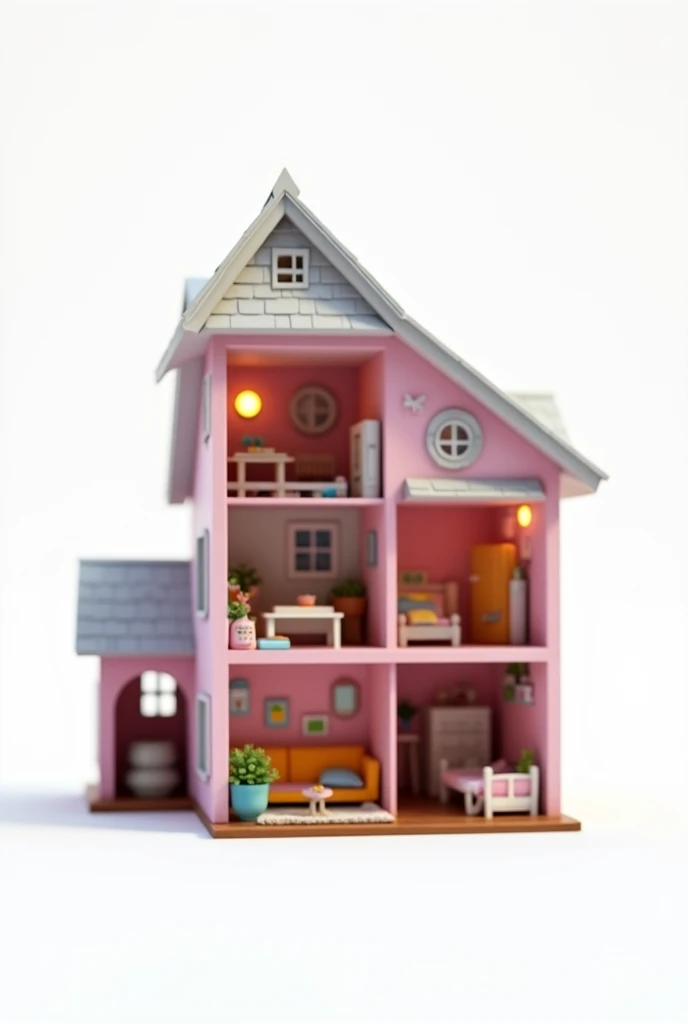 "Create a Pixar-style 3D rendering of a pink dollhouse with three floors, each fully decorated with miniature furniture. The house has an open back design to show the interior rooms, including a cozy living room with a tiny couch and rug, a small kitchen with bright appliances, a bedroom with a tiny bed and accessories, and a charming attic playroom with toys. The architecture is stylized and cartoonish, with soft lighting and rounded edges. The outside of the dollhouse is painted in pastel pink tones, with white window frames and a roof labeled 'Polly'. The scene should feel playful, magical, and nostalgic, as if it’s part of a ren’s animated movie. Include gentle warm lighting and a subtle depth of field to enhance realism and charm."
--GW 100

