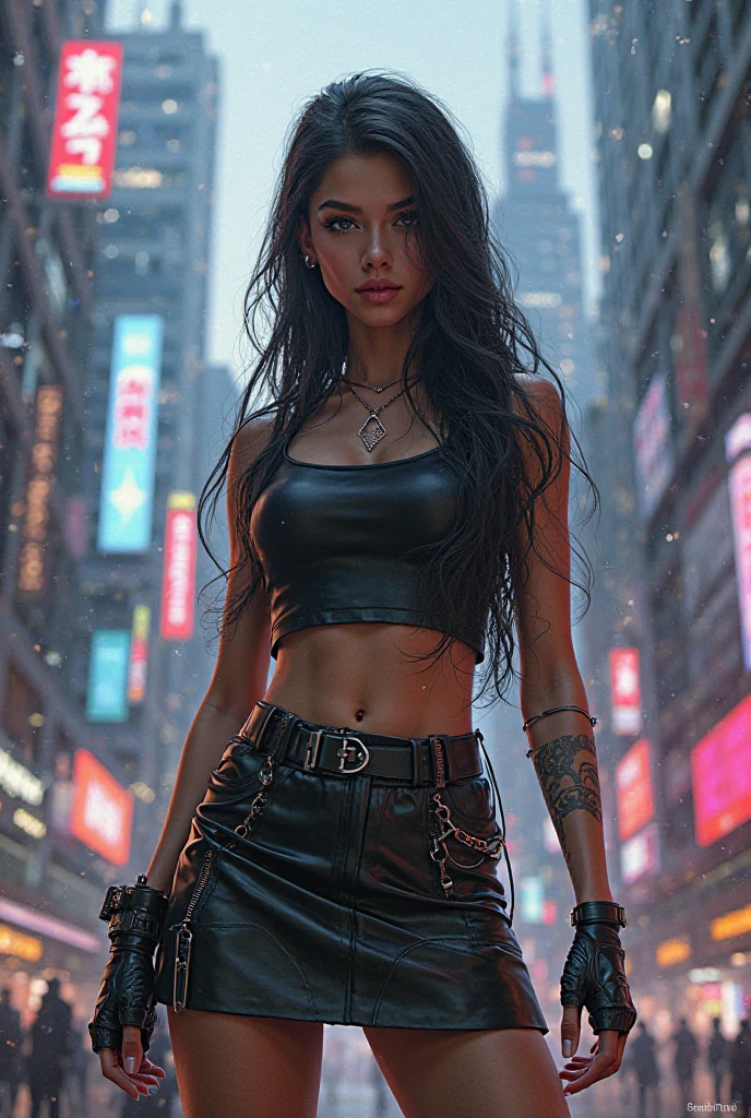 A girl wearing an crop tanktop, skirt, fishnet thighs