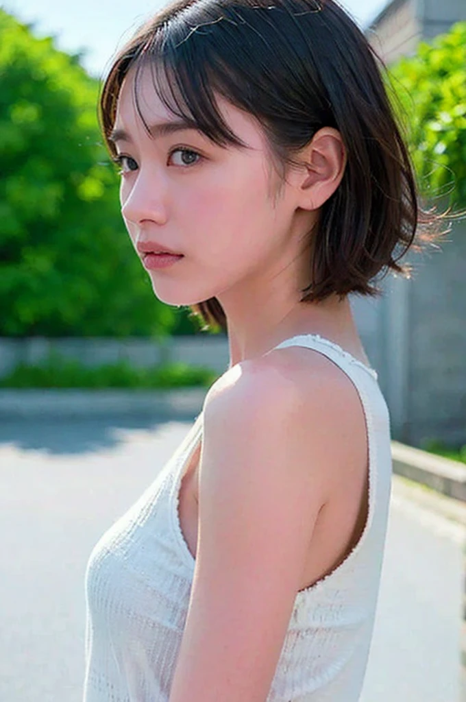 highest quality, 8K, High resolution, masterpiece, best pictures, thin japanese woman, detailed and beautiful eyes, Super detailed, detailed face, sweaty, upper body up, short hair, sleeveless sweater, alone, small breasts, camel toe