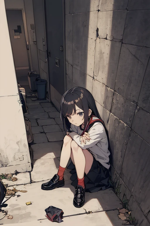 full body, black hair, shoulder length hair, black eyes, small breasts, detailed background, highres, highly detailed face, Detailed eyes, good proportions, pained expression, pained grimace, crying, visible tears, open mouth, bruises, death row inmate, guillotine, bloodstains, blood, iron chains, chained body, handcuffs, messy hair, fallen down, torn outfit, public shaming, humiliation