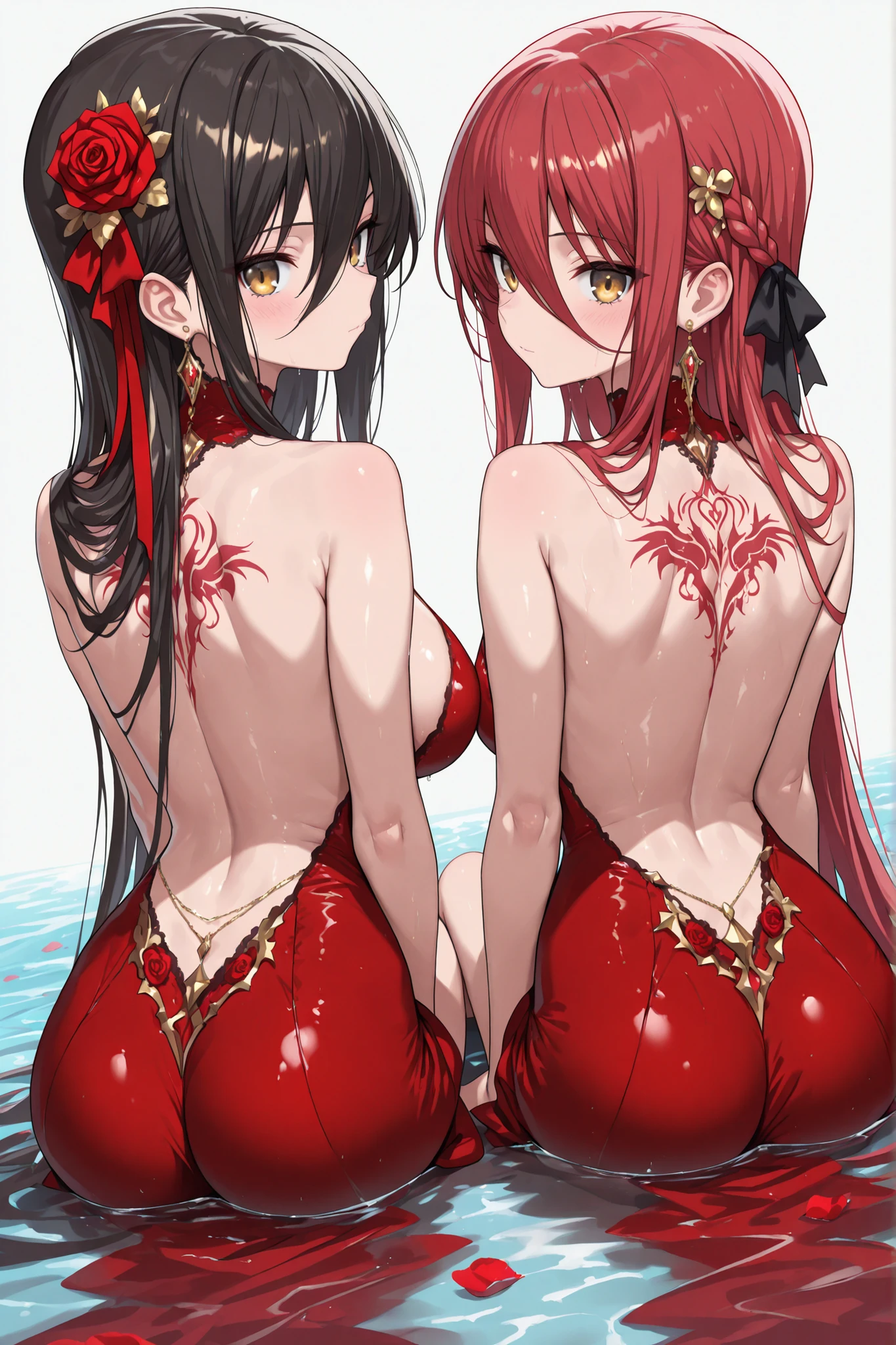 Two girls, evil charm, white background, swimsuit, flowers on the other side, water, peach blossoms, full nude, exposed breasts, bare feet, trampling, white liquid on the body, very detailed CG, 8k wallpaper, (best quality), (best illustration), beautiful detailed glow