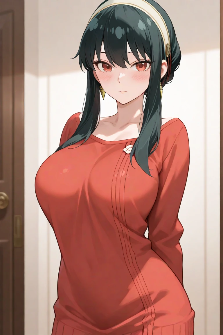 masterpiece, best quality, highres, bbyorf, short hair with long locks, white hairband, red eyes, gold earrings, jewelry,long hair, black hair,off shoulder, red sweater, sweater dress, long sleeves, black pantyhose, outdoors, standing cowboy shot, smile, open mouth, hand on hip, ,big tits,huge tits,show tits,perfect tits,( sweater lift:1.5), open dress,open clothes, embarrassed,
(1boy, hetero, penis, sex, underwear, panties), ((vaginal, open mouth, blush)), nude male, ((clothing aside, looking at viewer, pussy, clothed sex)), bed, cowgirl position, ((pussy juice)), ((girl on top,thighs, pov)),