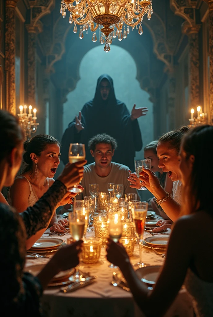dark fantasy, young people at parties Happy drinking and happy, among them macabre shadows take over the entire scene one of the shadows highlighted