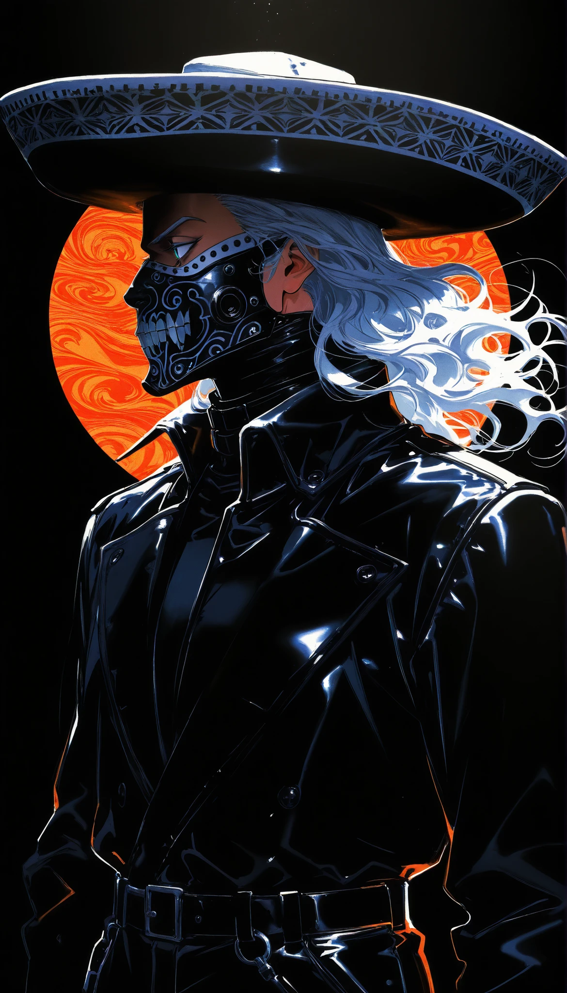(drawing in white on black),black background,white spots,Abstract,drawing with tempera, Artistic,watercolors,stained,shaded on the background,dramatic lighting,hunter,in black,cara tapada,profile,Portrait, black leather coat, Long black coat, black leather pants, sombrero de hunter negro, atuendo de hunter, guantes de hunter, pantalones de hunter,  mask,