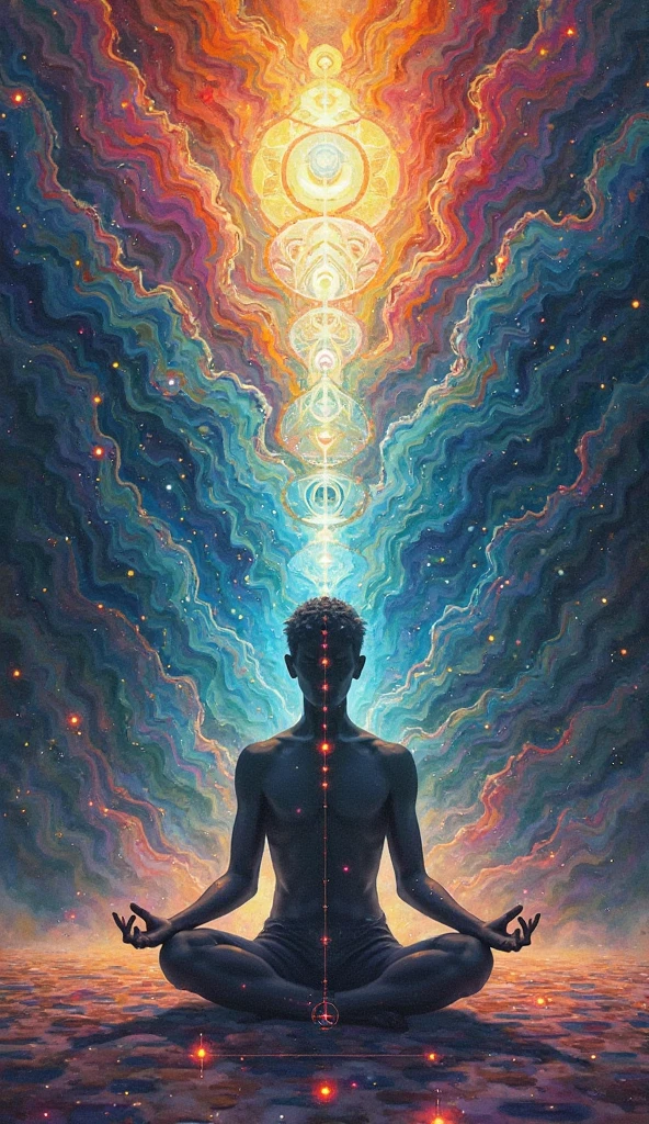 The art should be digital and contain surreal elements. In the center of the image, place a person looking at the horizon ,a dark smoke energy comes out of his body,dark image, feelings of déjà vu,,past lives sensation in soul xilogravura style,dark images,spiritual feeling looking to spiritual universe,dark style
