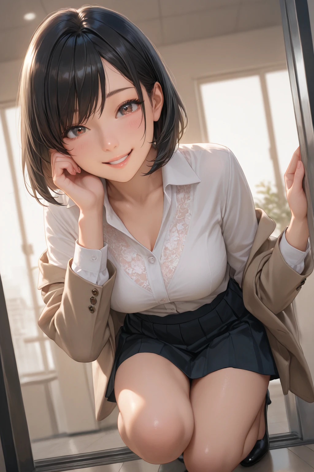8k,best quality,high res,1girl, looking at viewer intensely, natural skin texture,realistic ,full lips, solo, short  skirt,Big breasts, big butt, looking up from below, low angle, upskirt, Droopy eyes, beautiful woman, uniform, short checked skirt、Panty shot、high school girl、big droopy eyes、smile, young face,white shirt、checked skirt,Cute face, extremely droopy eyes、Slender,indoor,nice smile,white underwear,underwear with lace、light brown hair、perfect face, beautiful eyes、blonde, blue eyes、girl's room、Japanese high school girl, Japanese、crawl on all fours、(Background) Modern room