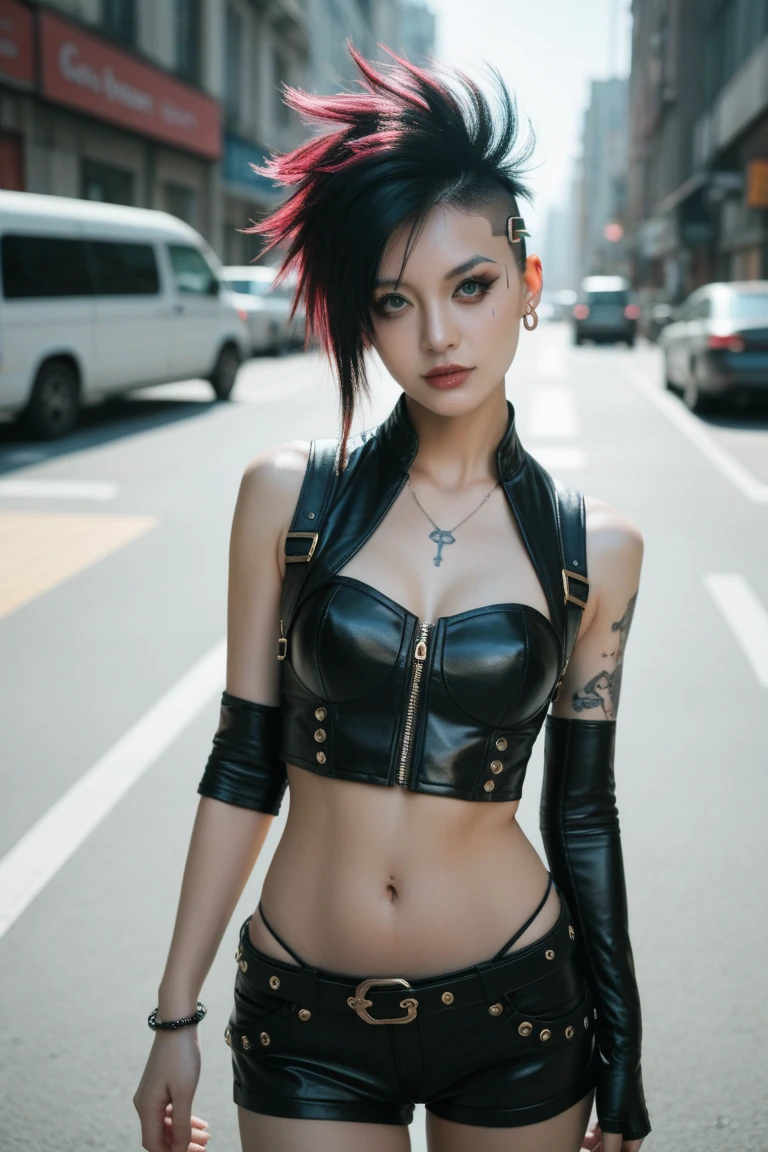 Young punk girl, 25 years old, multi-colored hair, ((red-black hair)), ((mohawk)) slender figure, black biker jacket, cleavage, black leather bra with spikes, black leather pants, posing against a red brick wall, visual contact, looks at viewer, masterpiece, best quality, perfect detail, perfect face detail, perfect eye detail, perfect skin detail, depth of field, perfect lighting