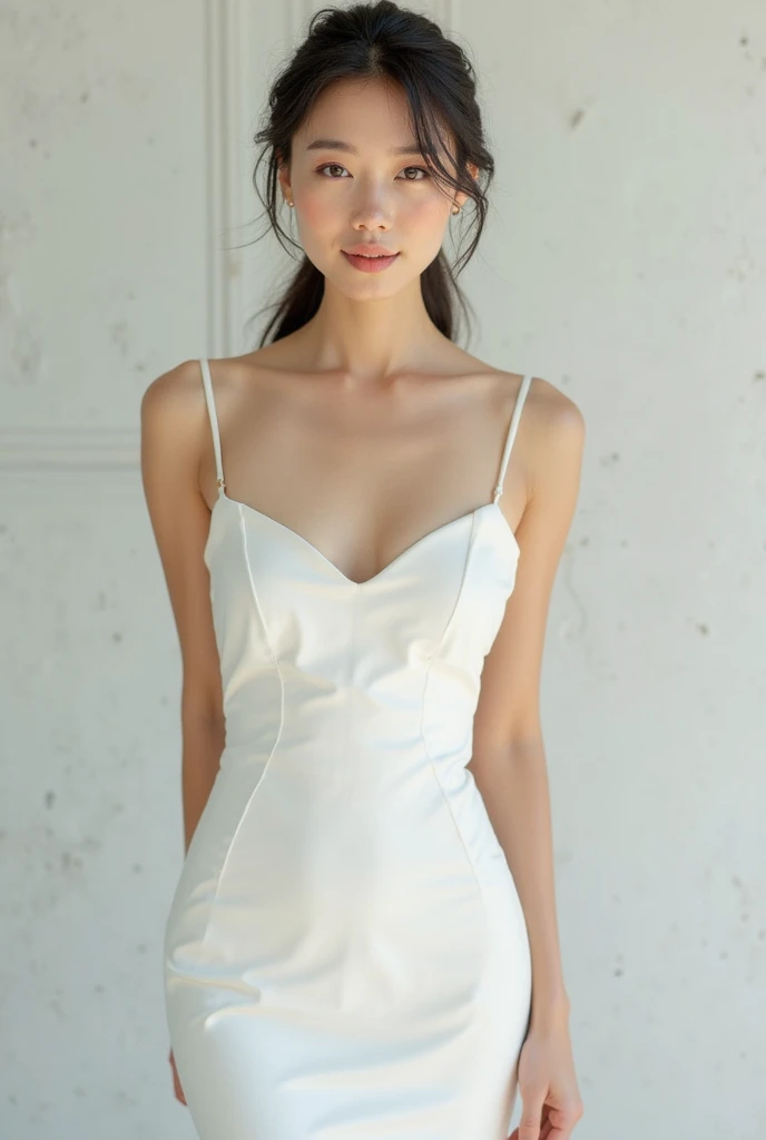 1 woman, black hair, blue pupils, delicate face, cute, love earrings, white dress, standing in front of the police station, surreal