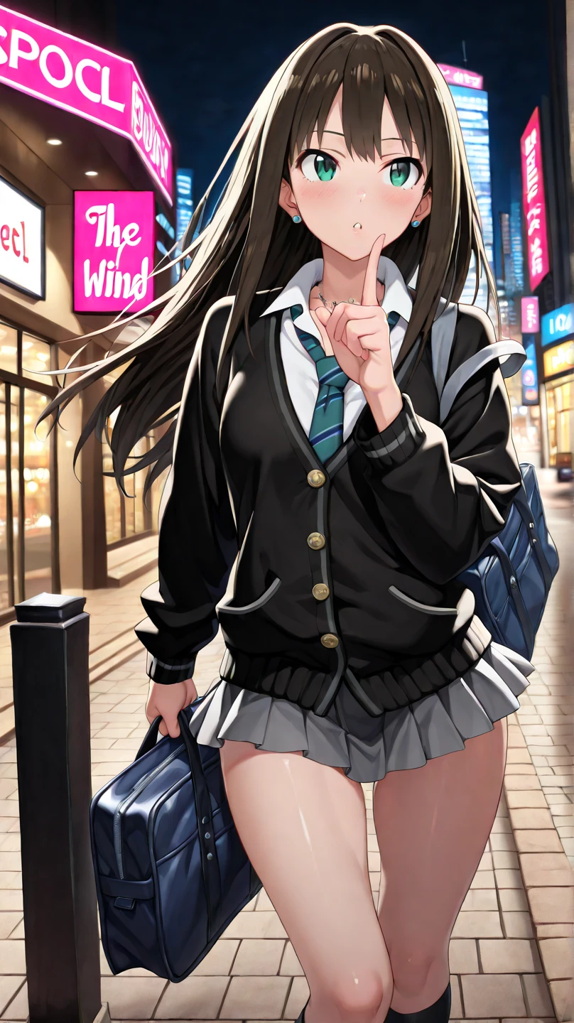 {Highest quality], [Super beautiful], [Ultra fine], [Best illustration], NSFW,Brown Hair, Hime cut, Long Hair, With bangs, girl,high school student,uniform,knit,skirt,smile, blush, Slender women, Adult women,Standing posture,(Public),Night Park,Summer festival,diagonal, Navy blue knee socks,Black Loafers、Stripes々
Panties、Panties in full view、Without skirt