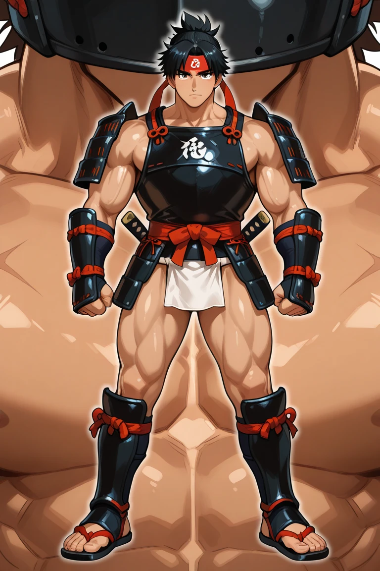 Japanese male samurai, 30 years old, wide body, big muscles, slightly hairy, Bblack hair, big cock, nsfw, perfect penis, big dick, sweaty, wearing old red and black traditional Japanese armor. ,