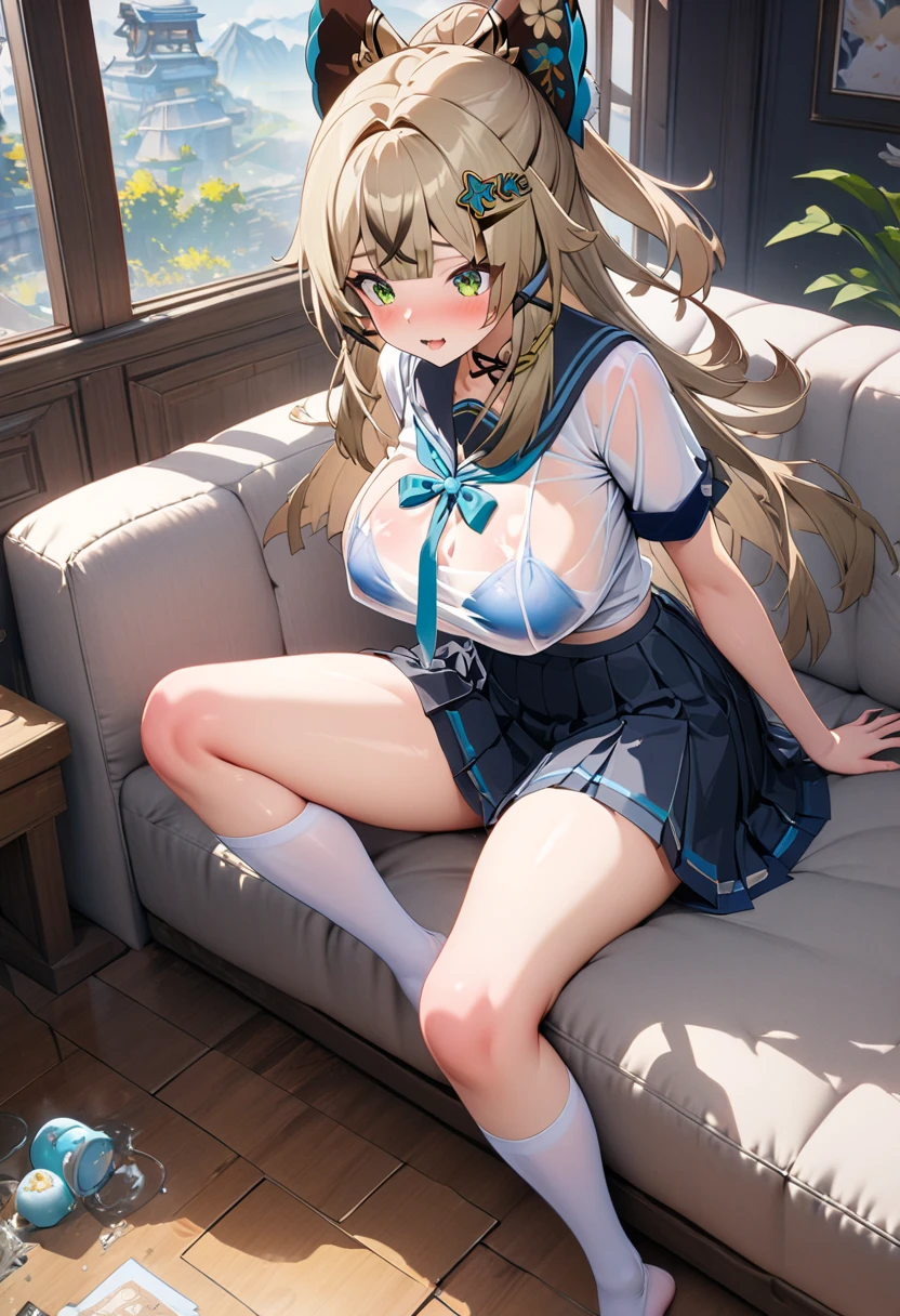 (Very frustrated:1.3)、(Fully exposed:1.3)、(white panty:1.5)、huge tit、gals、Fully exposed、12year old、Pov、nsfw、(Black High Socks:1.5)、(high ponytail:1.3)、(undress:1.4)、thigh high boots、(school uniform, sleeveless:1.3)、a miniskirt、,(While sitting on the sofa, raise both knees and spread your legs wide.:1.5)、spread legs, legs up、(open legs:1.5)、(hair adornments:1.2)、(Wrap a scrunchie around your left wrist:1.2)、clear eyes、8k、 student、Top image quality、Masterpiece、perfect anatomia、Kogal、Plump thighs、a park、Absolute Area、、a blond