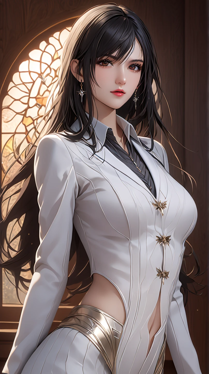 (masterpiece), best quality, seductive eyes, mature woman, black eyes, small eyes, long black hair, long eyelashes, white suit, sword attached on hip, big breast, anime cover, 1girl, tall,