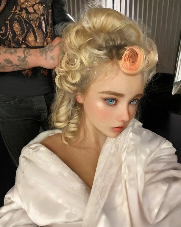 a photo of olsen1 wearing a milk maid dress, (light pink milk maid dress), (upright pin curl hairstyle), (blonde hair), (kitchen background), elegant, highly detailed. vibrant, photorealistic, realistic, sharp focus, 8k