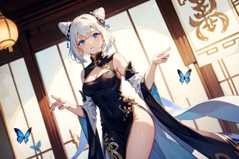 1girl、(((best quality)), ((masterpiece)), (details), masterpiece, best quality, high quality, ulutra detailed, perfect face, ((1girl, blue eyes, cat ears: 1.3 silver bob hair: 2.5,)) and ((Big white wolf:2.1)) 、Shiny Hair、Glowing Skin、blush、Lustful look、Small breasts,Sidetiletto heels、China dress、Alluring expression,Chinese gorgeous outdoor background、
