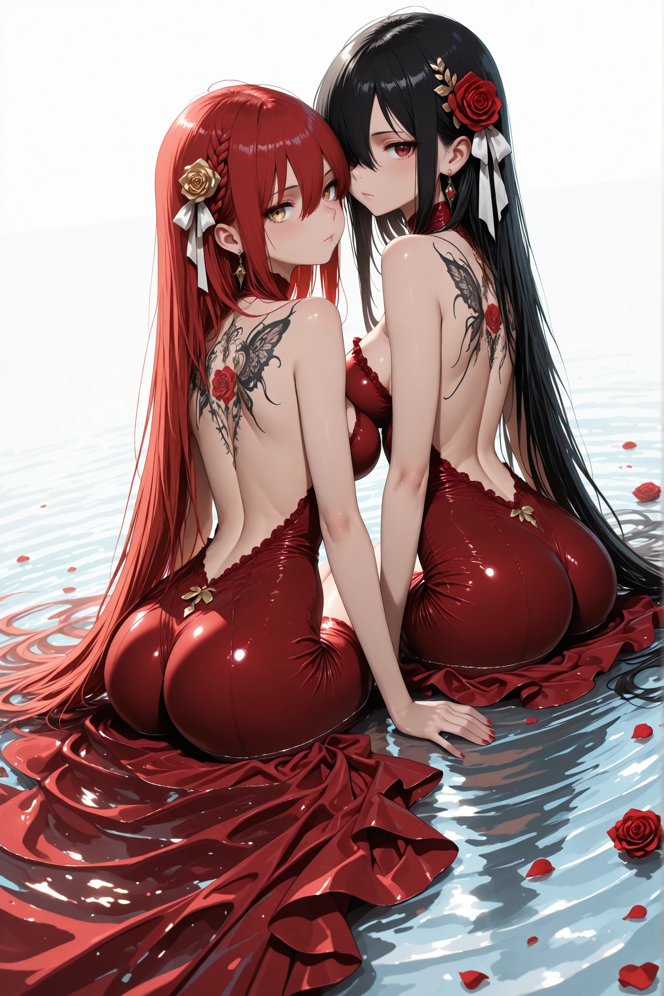 (masterpiece, best quality:1.3), amazing quality, very aesthetic, absurdres, highres, newest, HDR, 8K, full body, ultra-wide angle, dynamic angle, 2 girls, multiple girls, BREAK 1 woman , Shana Ryu, golden eyes , very long hair , long sidelocks, red hair , (large breasts) , petite , very cute , beautiful ,Straight hair, cool, handsome, hair between eyes, BREAK 1girl, Kuroki Monika, red eyes, black hair, very long hair, hair over right eye, (large breasts), (petite but curvy), very cute, BREAK dress, flower, hair ornament, hair flower, red dress, ribbon, tattoo, from behind, red nails, bare shoulders, jewelry, sitting, braid, earrings, white ribbon, white background, water, backless outfit, bangs, back tattoo, hair ribbon, rose, back, looking back, partially submerged, 2 girls sitting together, 2 girls sitting next to each other, 2 girls sitting side by side