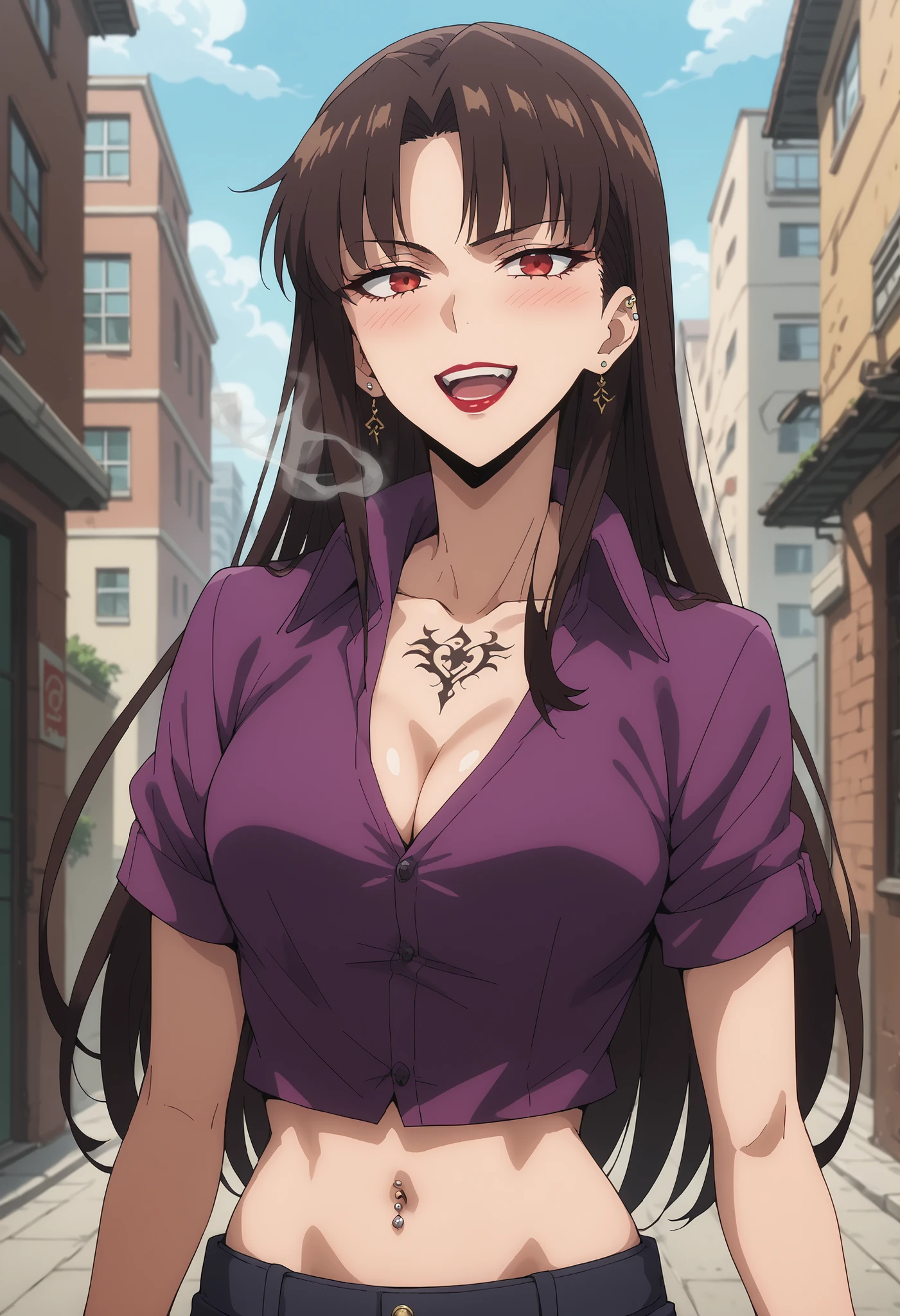score_9,score_8_up,score_7_up,score_6_up, source_anime, girl, dynamic pose, long hair, brown hair, sidelocks, bangs, red eyes, violet shirt, high collar, rolled-up sleeves, , modern city, alley, skyscraper,ear piercing, long hair, blush, lipstick,Hot girl, baddie, smoking, sensual, attractive, navel, bellybutton, exposed navel, exposed bellybutton, smile, cleavage, open mouth, waist dragon tattoo, narrowed eyes, tattoo waist, anipai_style , anime screencap , anime coloring ,,Solo Leveling Anime Style, navel piercing