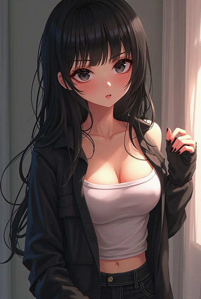 (masterpiece, highest quality, Very detailed, Best Shadow), (Beautifully detailed face), High Contrast,One girl,only,Dark brown hair,Straight Long Hair,Side Tail,green, Clear Eyes,Upper Eye,Shorts, Off the shoulder, Expose your shoulders, Open jacket,She has big breasts,whole body,20generation