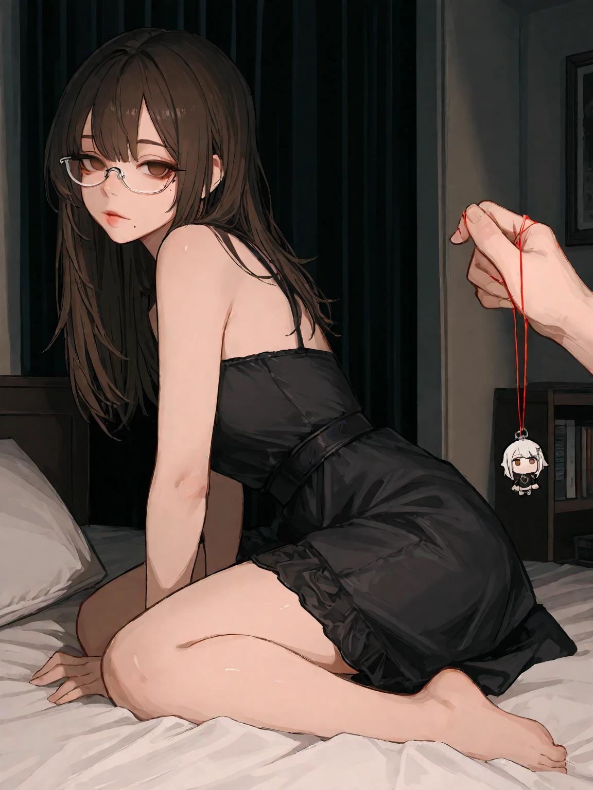 Sarada on her knees naked looking up with a leash with a chain going towards the viewer, kneeling looking up, View from the lower camera, thick-thighs, in the room on the bed