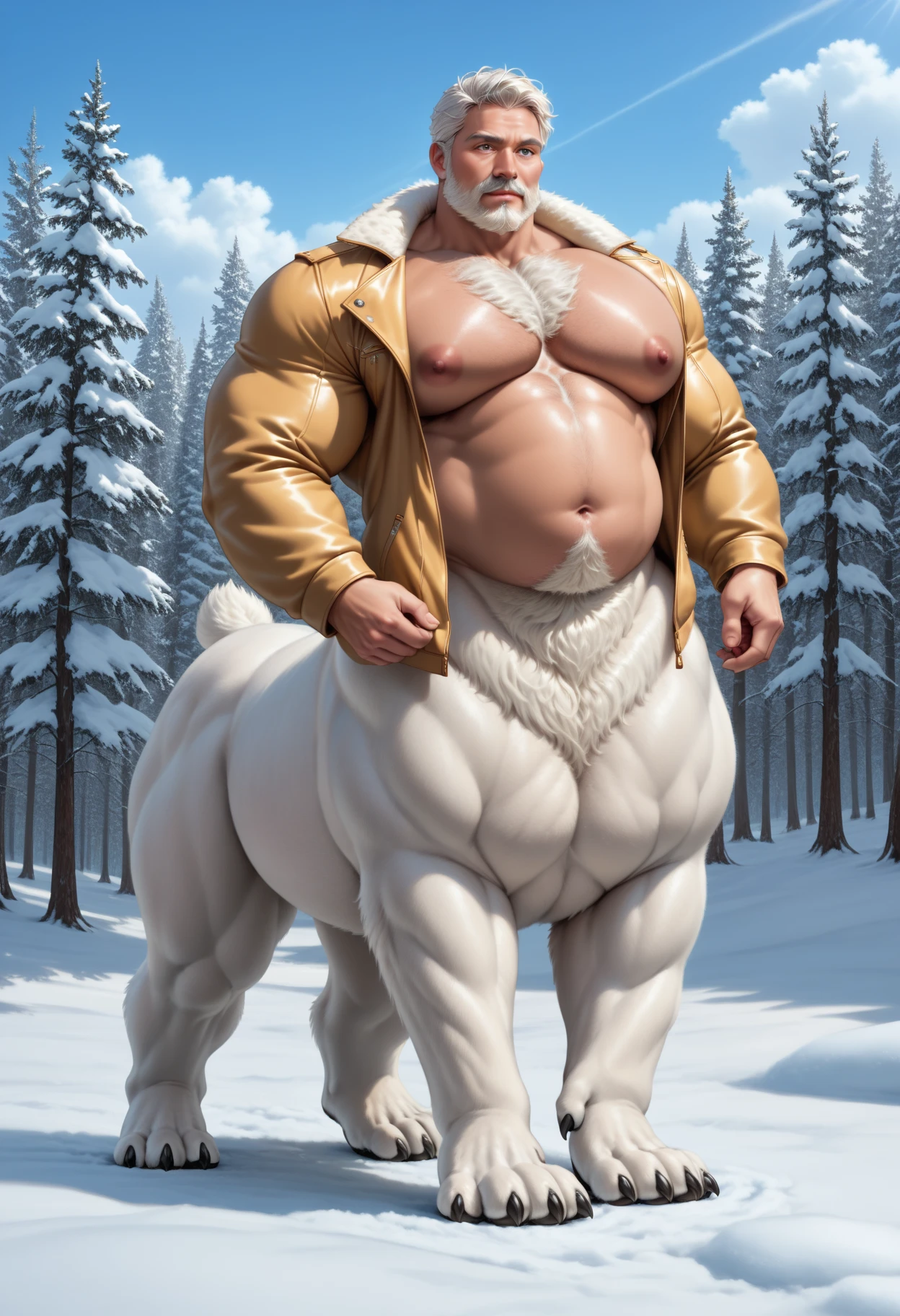centaur, centaurs ramdomany place, male chubby centaur, big hooves, bright white fur, white hair centaur, anatomically correct centaur, docked tail, human face, human nose, human eyes, equine hips, thick thighs, male, raised tail, holding the tail, epic skin, epic fur, hyperrealistic, hyperrealistic skin human, hyperrealistic skin, hyperrealistic human nose, hyperrealistic human body human, hair hyperrealistic, hyperrealistic face,