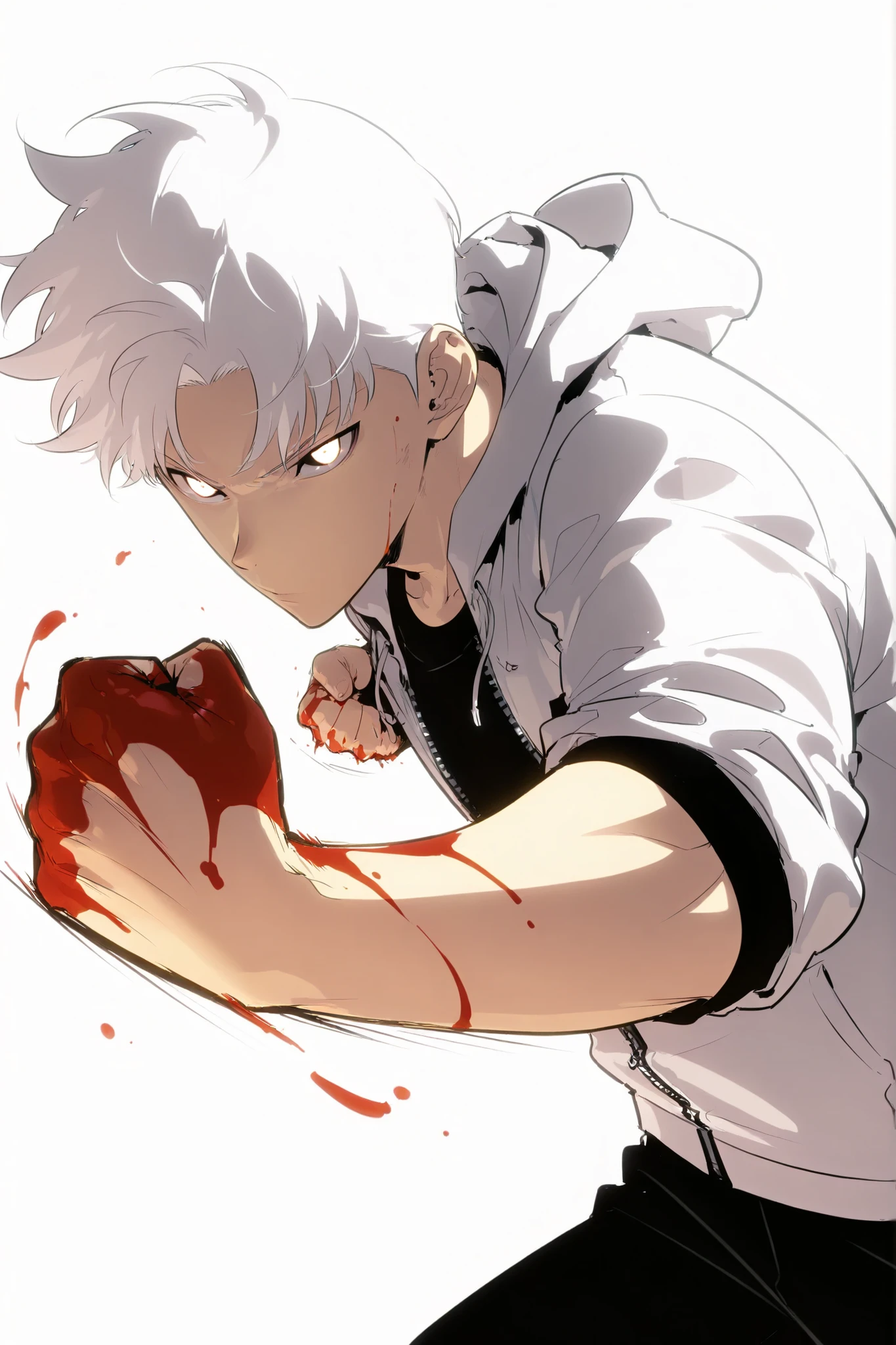 Handsome, Athletic, alone, male, Short spicky hair, long white hair, black orange eye, black shirt, white orange and black unzipped hoodie with rolled up sleeves, black pants, , intricate sketch, expressive eyes nose and mouth, simple pose, clench fist, martial art stance, blood on his fists , perfect Anatomy 