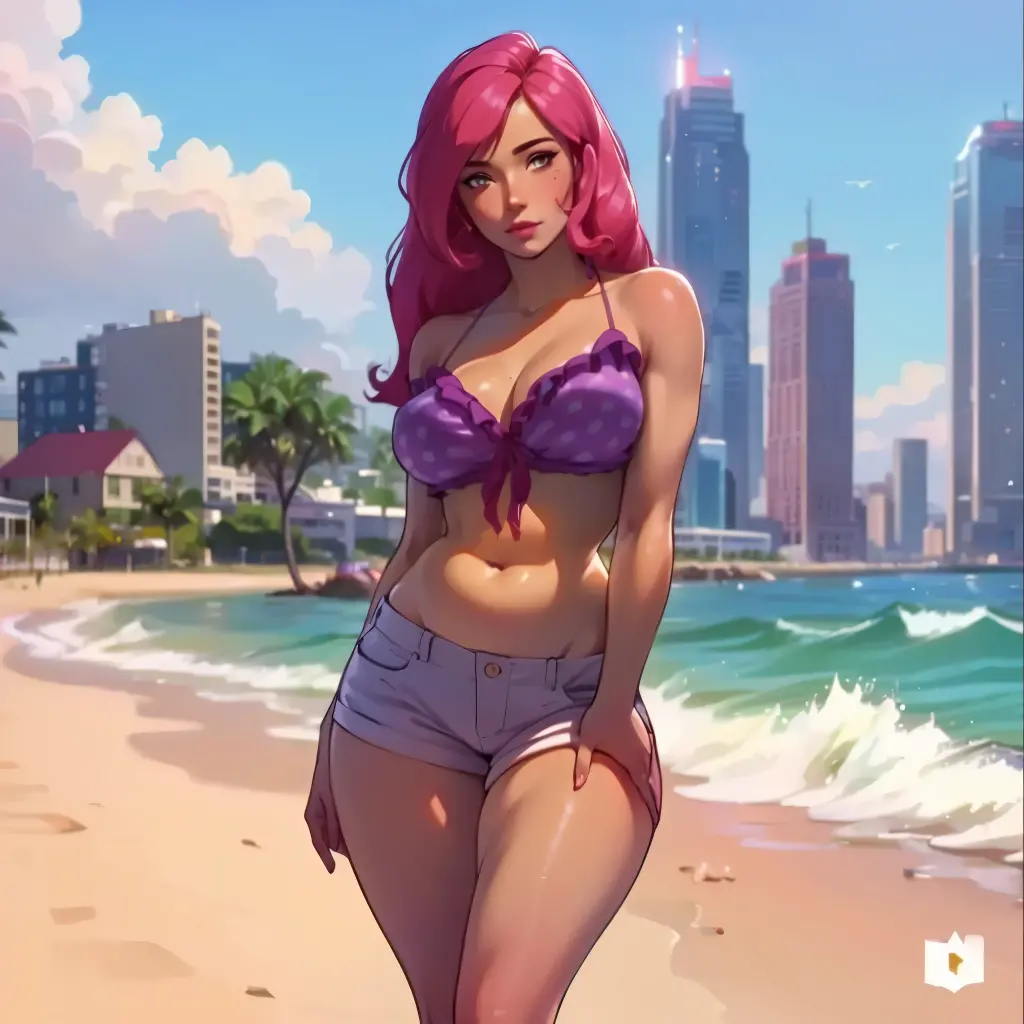 Best quality, solo woman, giant breastt ass, very cur tanned skin, middle parted hair with curled ends, sea pink eyes, full lips, seductive, sea pink sunglasses, rhinestone beaded singlet, pleated denim skirt, flower earrings, flower necklace, thick thighs, curvy physique