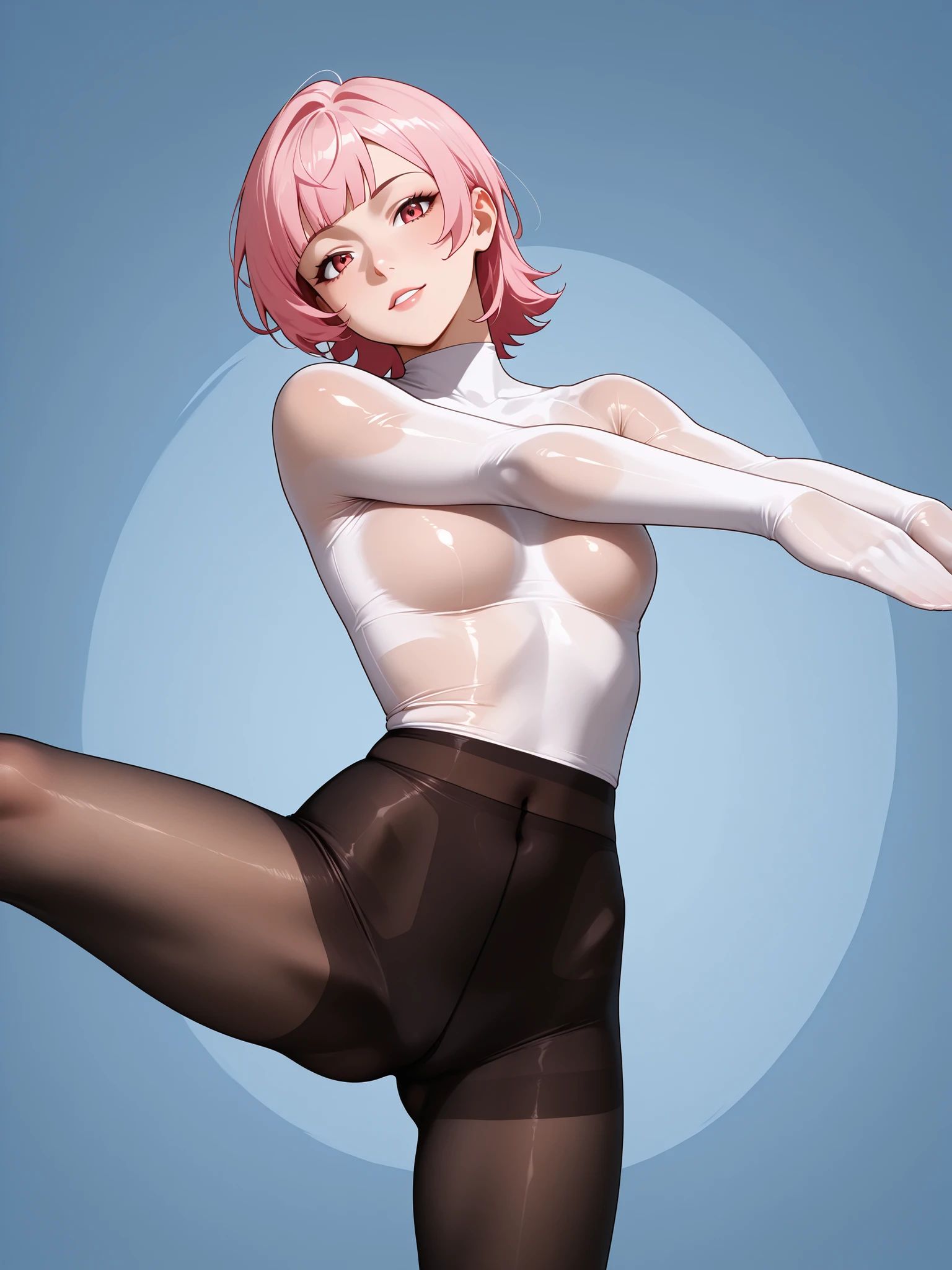 score_9, score_8_up, yoga pose, dynamic pose, naked ellen joe, facing front, 1woman, nylencased:2.0, pantyhose encasement, pantyhose encased