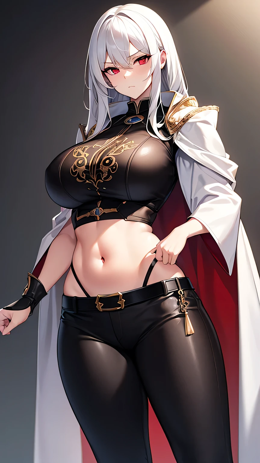 ((BLACK BACKGROUND,1:2, masterpiece)), full body MILF BIMBO standing with two long thighs and two metal sandals, red eyes, silver white hair, short bob style hair, big breasts, cleavage, separate sleeves, tiara royal, long cape up to two feet, yellow bikini, hands on waist, navel, lustful smirking smiling, smile face (red blushed, red cheeks), metal shoulders, gold sleeveless armbands, black leather choker slave collar, shackle bracelets, sex slave red crest, pauldrons, breastplate, corset, eye focus, full body, whole body. 1solo . slave fighter, loincloth standing, hands on hips, metal sandals, backpack, choker, big belt, view from below, feet together, bracers, tiara