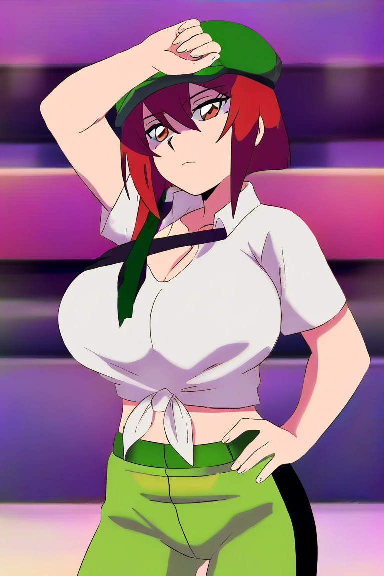 <lora:Sai_Hinoki:0.8>,  Hinoki, 1girl, solo, breasts, thighhighs, covered nipples, multicolored hair, dyed bangs, red eyes, brown hair, detached sleeves, two-tone hair, necktie, skirt, green hair, thigh strap, large breasts, pink hair, huge breasts, bare shoulders, impossible shirt,  impossible clothes,
masterpiece, high quality, very_high_resolution, large_filesize, full color,