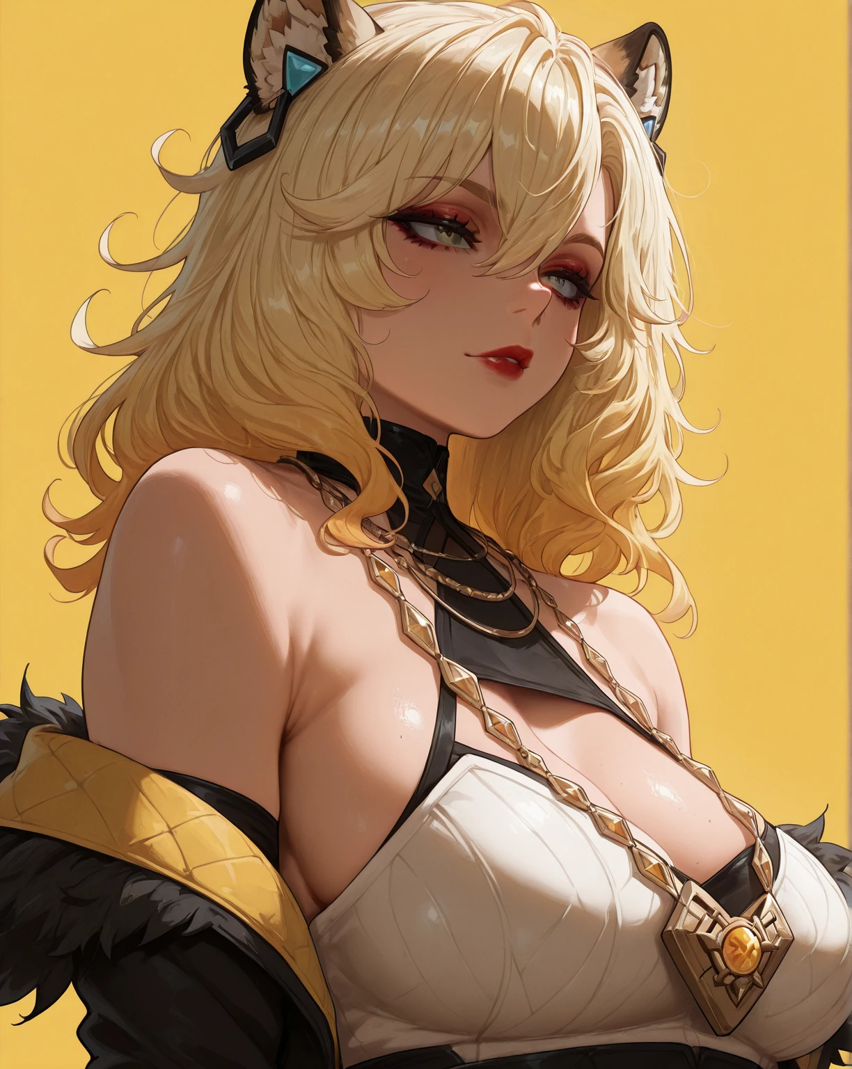 ((masterpiece)), ((best quality)), 1girl, adult, long hair, ((blonde hair)), very long blonde hair, ((intimidant look)), ((close-up)), profile image, green eyes, black and red clothes, sexy, dark colors, brillant eyes, ((coat with fur)), ((wavy hair)), exposed skin, ((sexy pose)), ((intimidant look)), good anatomy, ((dark sage clothes)), ((straight cut bangs)), emotionless, intimidant, ((beautiful eyes)), close up, ((detailed eyes)), beautiful eyes, ((detailed face)), hair bang, frontal look, evil, relaxed, smile, magical goddess othinus, detailed face, eyepatch, full body, ((detailed))