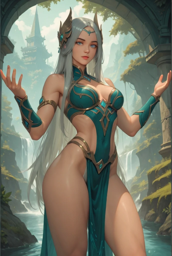(full body photo:1.5), (Princess Zelda, standing, standing, alone:1.5) ,(large breasts:1.5), (wearing the costumes of Spider-Man/extremely tight on the body:1.5), (she is inside a temple with several waterfalls and white marble pedestals:1.5), she has (blue eyes, dark green mohawk hair:1.5), (is smiling, looking at the viewer. exhibitionist pose:1.5), anime style, 16k, best quality, high details, textured skin, UHD, retina, masterpiece, anatomically correct