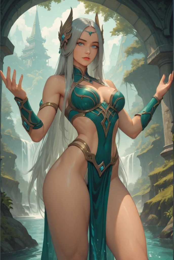 hand drawn sketch illustration of a beautiful dnd ifreet djinn girl with flaming red hair, blue eyes, symmetrical antlers, blue skin, leather armor with freckles and bright striking blue eyes posing for a photo,full body, bare shoulders, muscular, fit, defined abs, thongs, (prominent cameltoe) white freckles, long flowing green hair flying, glowing radiance, beautiful pale makeup, color portrait, stunning portrait, elegant freckles, wearing black thongs with glowing runes of power, black gloves, star-shine, gold dust spread across her skin and her face, (dark, hyper-realistic photos (((portrait)))  refraction ,Dark background of magical night forest, deep woods, towering ruins, starlight skies, A mystical and epic landscape, featuring a fantastical and surreal world of floating islands, giant trees, and mythical creatures, that transport the viewer to a world of imagination and wonder, artstation, digital art, intricate, trending, bright colors suitable for viewing in public places