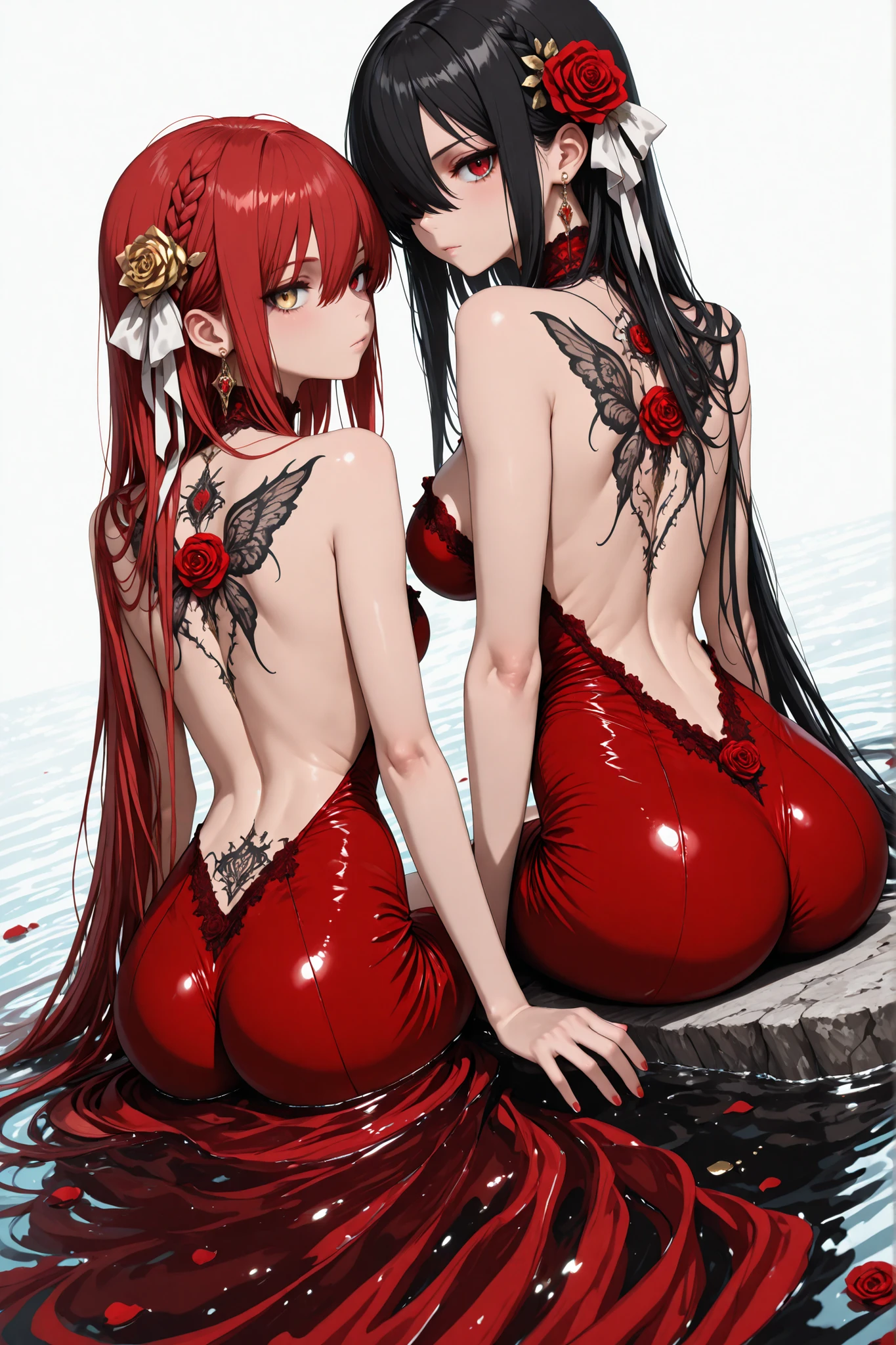 (masterpiece, best quality:1.3), amazing quality, very aesthetic, absurdres, highres, newest, HDR, 8K, full body, ultra-wide angle, dynamic angle, 2 girls, multiple girls, BREAK 1 woman , Shana Ryu, golden eyes , very long hair , long sidelocks, red hair , (large breasts) , petite , very cute , beautiful ,Straight hair, cool, handsome, hair between eyes, BREAK 1girl, Kuroki Monika, red eyes, black hair, very long hair, hair over right eye, (large breasts), (petite but curvy), very cute,  BREAK dress, flower, hair ornament, hair flower, red dress, ribbon, tattoo, from behind, red nails, bare shoulders, jewelry, sitting, braid, earrings, white ribbon, white background, water, backless outfit, bangs, back tattoo, hair ribbon, rose, back, looking back, partially submerged, 2 girls sitting together, 2 girls sitting next to each other, 2 girls sitting side by side