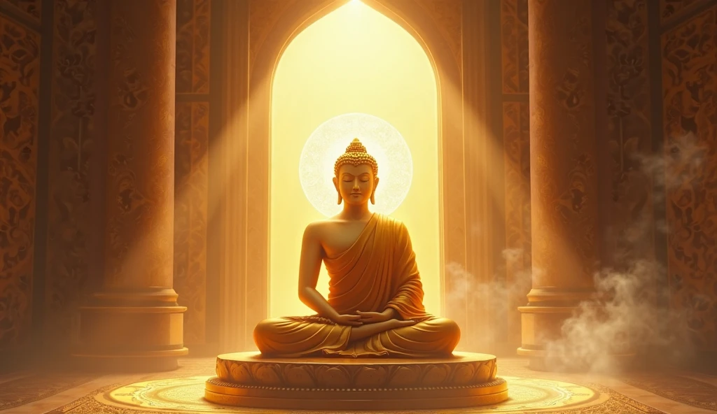 High quality images
The image of the Buddha statue is looking sideways and clasping his hands together, the surrounding yellow tones radiate smoke, the details of a vague sparkling illusion effect, half real and half virtual, have a sparkling aura surrounding the lotus stem.