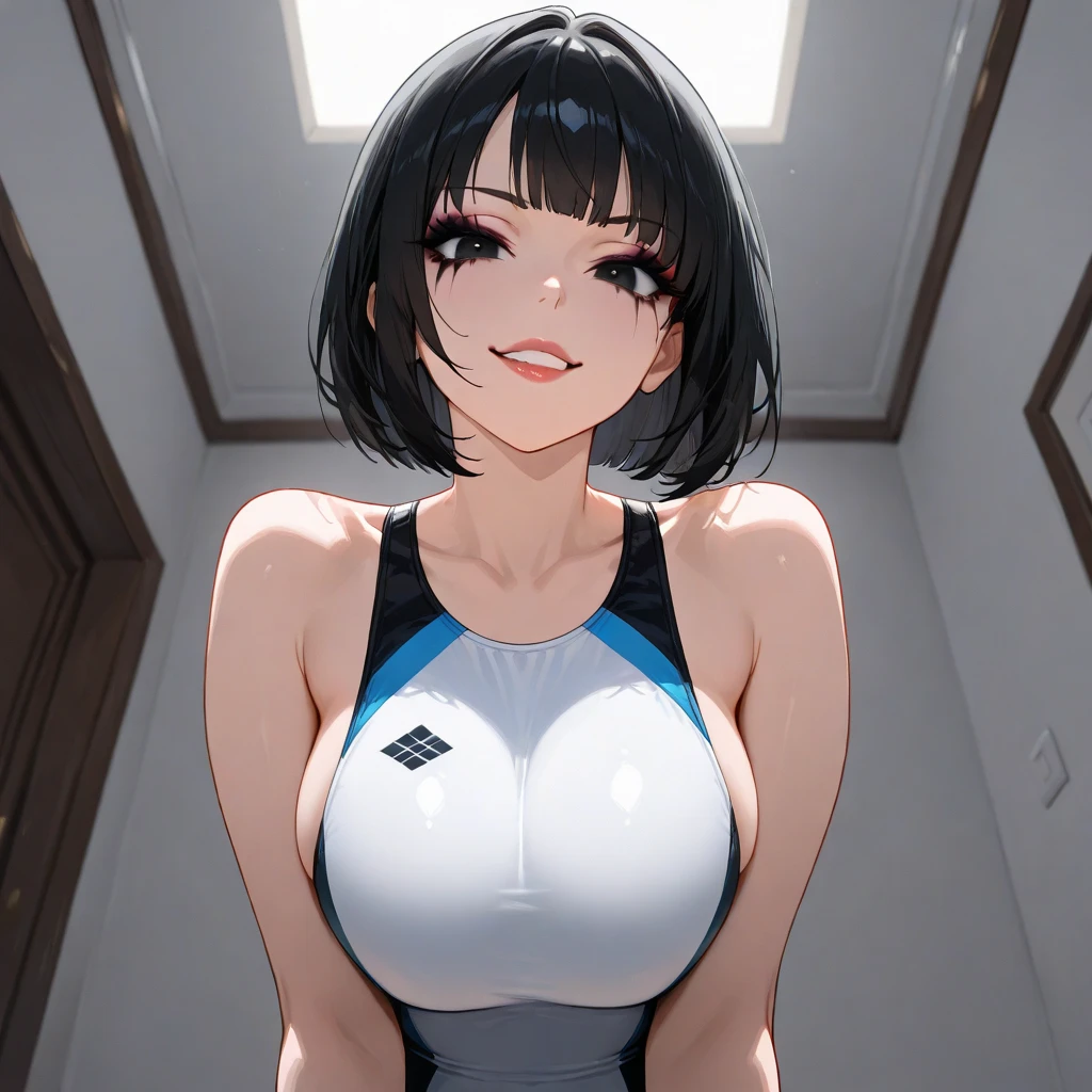 (Highest quality:1.2, Very detailed, anime, Attention to detail, Ultra-high resolution, High Contrast, masterpiece:1.2, Highest quality, Best aesthetics), (Small face), (Very detailedな肌:1.2), One Woman, (Black Hair, Bob with a Falling Front, Asymmetrical bangs, Bright red eyes), (Slim figure:1.4, Woman with slim body and large breasts), Beautiful Eyes, Glossy Lips, Glowing Skin, Beautiful thighs, smile, Open your mouth, School Swimsuit, Mature Body, Perfect Fingers, Five Fingers, (waiting room, In front of the locker), Club room,