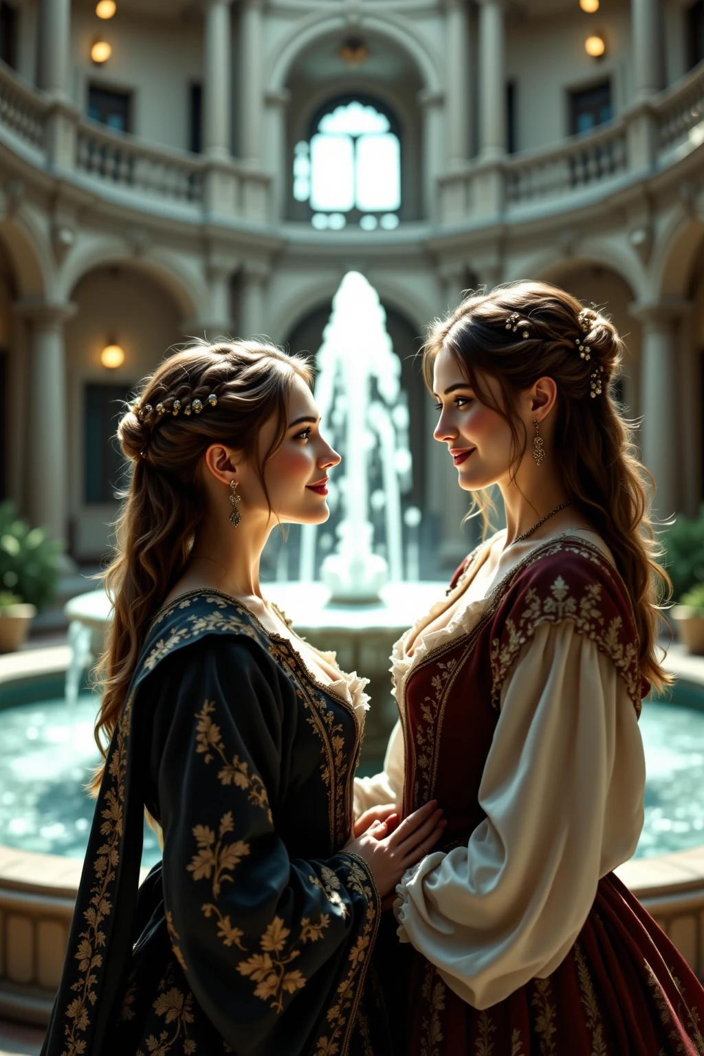 (​masterpiece, best quality:1.5), highest quality, High resolution, super detailed, Realists, Upper body photo of a red-haired sorceress, detailed and beautiful eyes, beautiful detailed lips, very detailed eyes and face, longeyelashes, shiny satin dress, Holding a magic wand in your hand and performing a transformation spell (Magic wands present and shining) Beautiful and colorful makeup, elegant and noble々The jewelry bag, Gardens as background, soft daylight, bright colors, fine brushstrokes, Portrait style, Silk dress fabric, beautiful color palette, glowing skin, First-class rendering, that captures every detail, enchanting atmosphere, subtle shadows and lights, (perfect anatomy:1.2), (The two stunning magicians transform dresses) (a transformation):1.4), (magnificent panorama view:1.2)