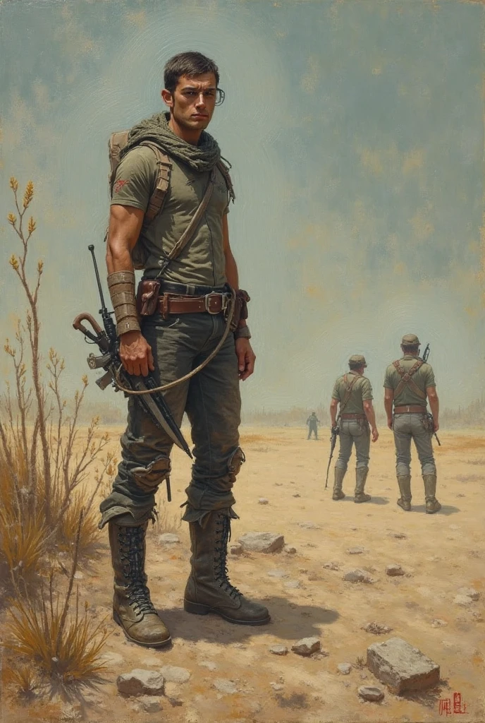 science fiction illustration by John Carl Schoenherr, handsome men, soldiers in the desert on an alien planet