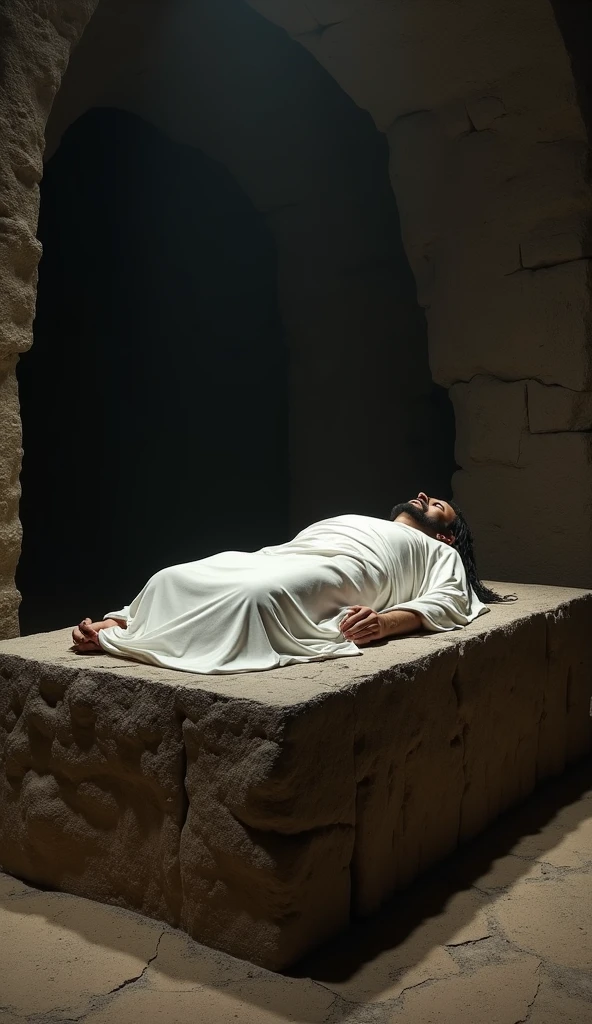 A scene in the painting style of Jan Matejko, showing the body of Jesus lying on his back and placed in the tomb. placed in the tomb. His muscular body is partially covered with a white shroud, and his body bears traces of whipping and torture. Bloody crucifixion wounds are visible on the hands and feet. Visible wound on the left side of the chest. The background is the interior of a stone cave serving as a tomb, whose dark interior is illuminated by a mysterious light creating an interesting chiaroscuro.