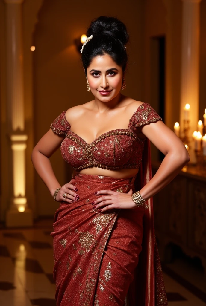 Foto RAW, best quality, Full body close up photo of Anushka Shetty, big cheeks, 45 years old Woman, curvy, open arms, armpits, sexy navel, near shrub in a garden, off shoulder strapless cowl neck lace red saree and bra, deep cut neckline, perfect figure, swooping breasts, deep cleavage, ponytail hair, necklace, look at viewer and smile, (cinematic:1.3), intricate details, (ArtStation:1.2) Extremely gorgeous lady, milf, 45 years old Woman, body revealing costumes, perky breast, alluring figure, big natural breast, mediaeval queen dress, erotic costumes, lusty physique, seductive figure can capture every people's attention, revealing captivating figure, Mediaeval clothes, revealing clothes, , (pele altamente detalhada: 1.2), 8k UHD, DSLR, soft-lighting, alta qualidade, grain of film, Fujifilm XT3, sharp focus,