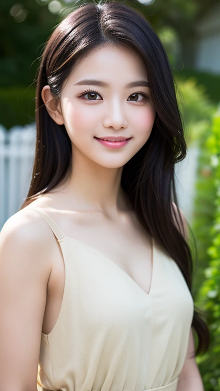 beautiful tween、(white silk bra、white panties)、park with cherry blossom trees、(Slim, 34C breasts)、Photorealsitic、detaileds, Skin texture, Ultra-detail、Delicate and sexy collarbone、a smile、Super detailed face、detailed lips、A detailed eye、double eyelid、13years old girl、straight black hair、hazel eyes, She holds her breasts between her arms and shows her cleavage to the camera.、Leaning forward with hands on your knees