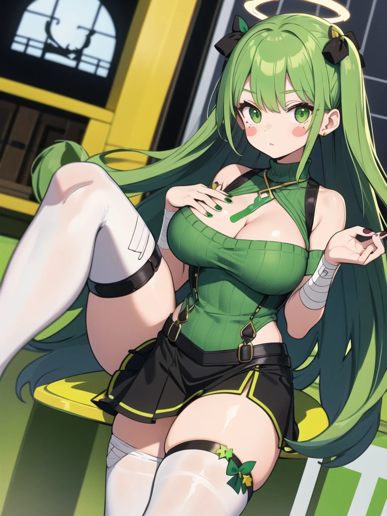 8k, RAW photos, top quality, masterpiece: 1.2), (High Quality), ray tracing, HDR, (High Details), (Face detail), (Shadow Detail), (amplected), stylized blush, 3d, 3d render, 1girl, solo, masterpiece, best quality, high quality, highres, 4K, perfect anatomy, rendered eyes, makeup, woman, detailed, cleavage, thick thighs, 1girl, solo, seductive eyes, masterpiece, best quality, high quality, highres, 4K, tall, matured female, ogerpon, pokemon \(creature\), yellow eyes, hood, +_+, humanoid, dark skinned female,black spiked hood, green dress, green ahoge, oversized black cloak, oversized sleeves, large sleeves, slim waist, wooden legs