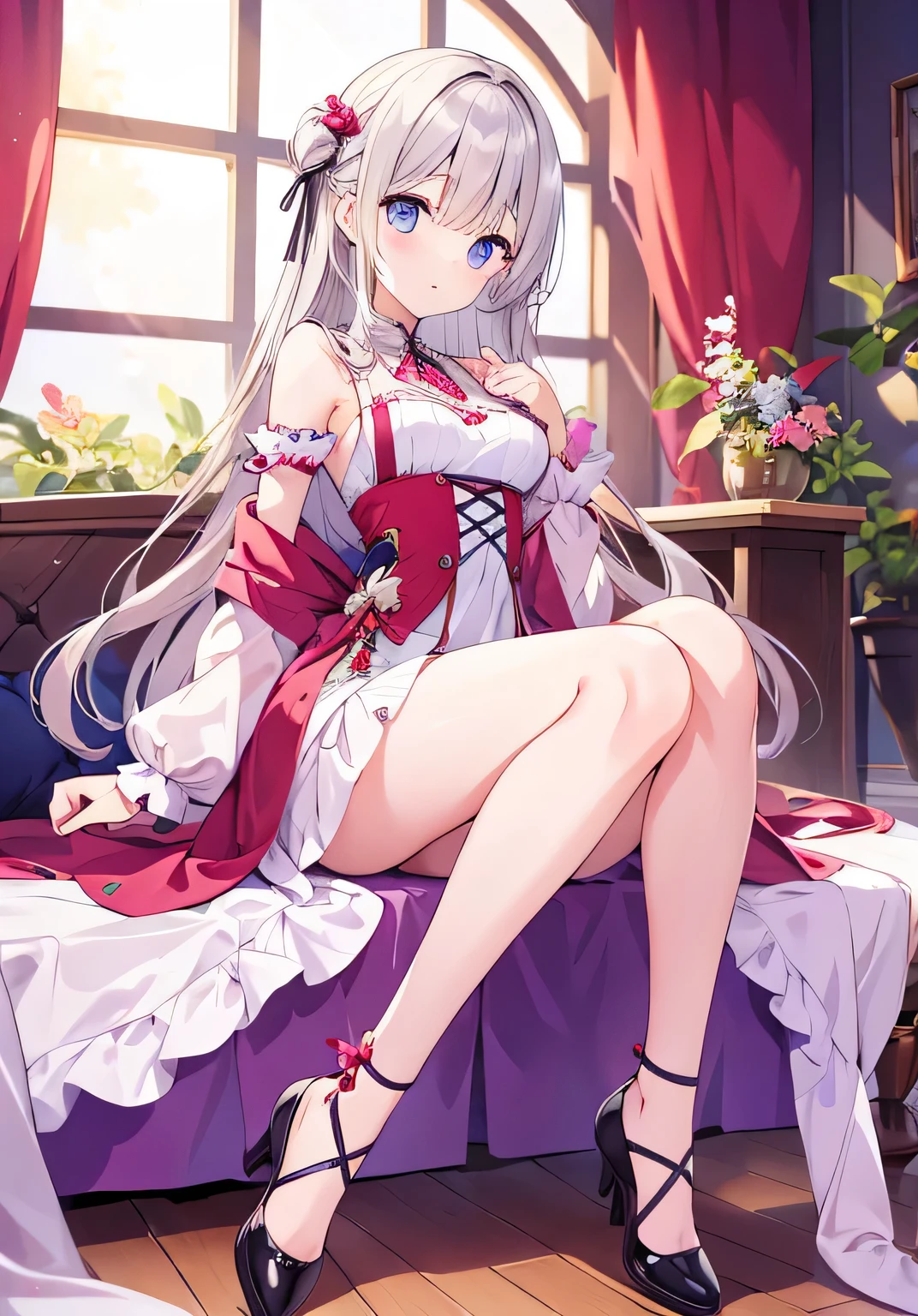 silber hair、red eyes、Beautiful girl alone、独奏、animesque、camisole、a bed、a smile