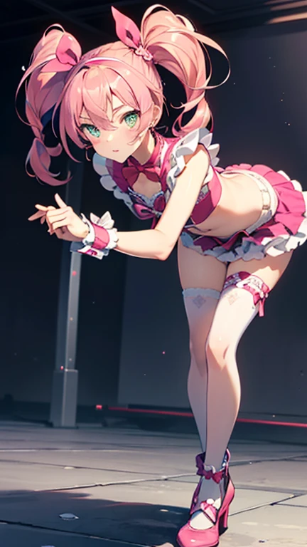 {{{masterpiece}}}, {{{best quality}}}, {{ultra-detailed}}, {illustration}, {{an extremely delicate and beautiful}}, (Best quality, 8k, 32k, Masterpiece, UHD:1.2),Photo of Pretty Japanese idol girl, top quality, best quality, realistic, unity, 8k wallpaper, official art, extremely detailed wallpaper,(3girls:1.5),(with lots of decorations pink dress idol costume:1.2), (sweaty skin:1.3),,Child,(big smile:1.3),(take the spotlight:1.1),(stand microphone:1.5),(sing:1.5),(very short bob hair:1.3), (colorful hair:1.3),earrings,looking at viewer,(high detailed skin),realistic body,(small breasts:1.4),cute girl,no makeup, famous japanese idol,(standing),(low view),(lift skirt:1.1),(show off panties:1.2),(open panties:1.2),(colorful race panties:1.3),(panties juice:1.4),(looking at viewer:1.1),(idle stage :1.5)