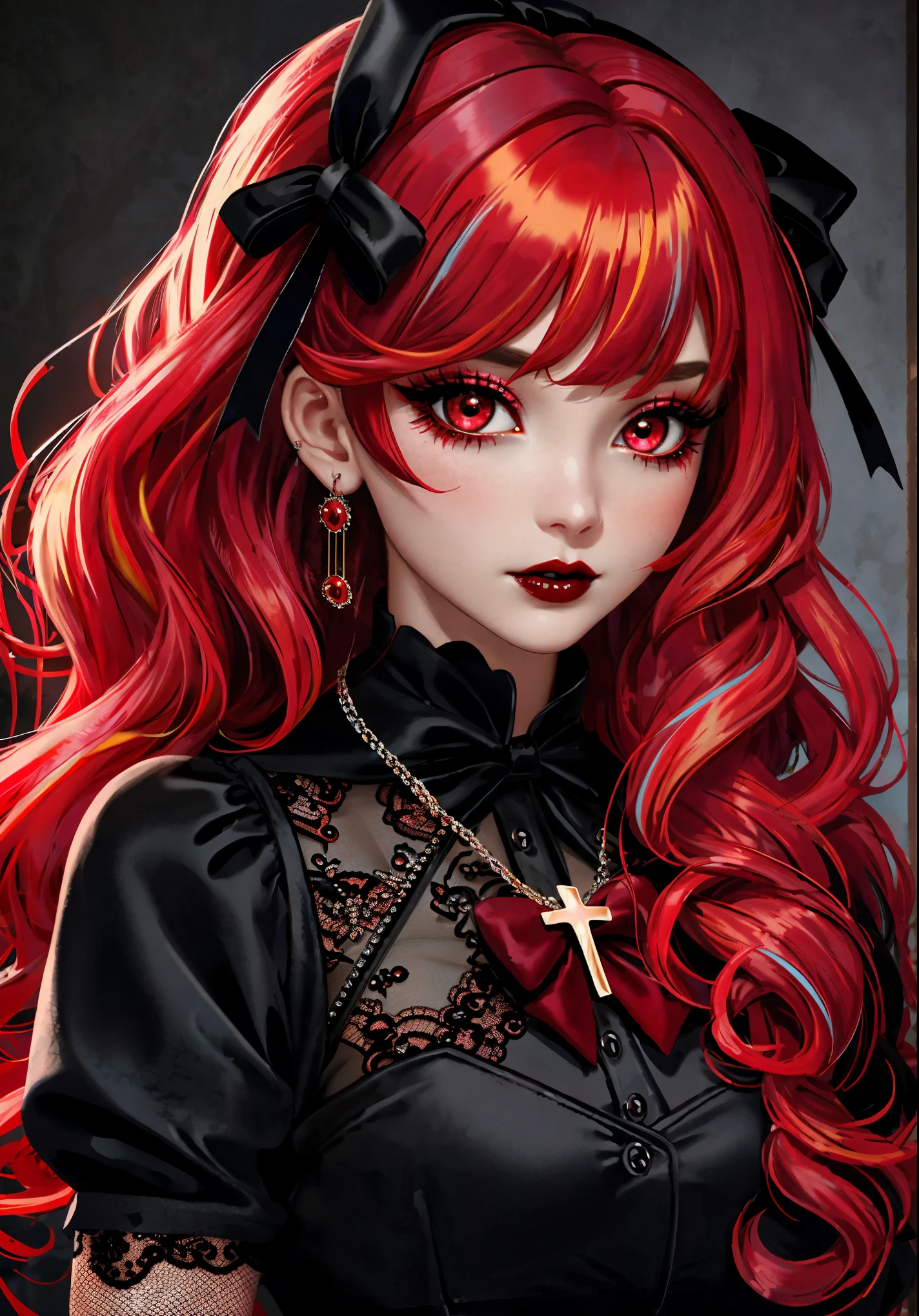 masterpiece, best quality, 1girl, solo, long hair, curls, multicolored hair,two-tone hair, red hair, bangs, red eyes, makeup, red lips, lipstick, vampire, mascara, eyeshadow, cross necklace, hair bow, front bow, lace jacket, lace gloves, fishnets, black leggings, gothic attire, dynamic angle, side lighting, shiny skin, detailed eyes, detailed face