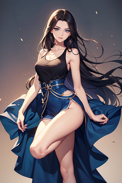 realistic image, coherent image, detailed image, 1 beautiful elf. She has long hair, black hair. Her eyes are turquoise, long eyelashes. Her face is oval and delicate, smiling. She is wearing a lace bra, jean shorts. She has a curvy body, medium breasts, thick thighs. sexy pose. with arms crossed. view of her full body. White background, uniform background. natural lighting, volumetric lighting
